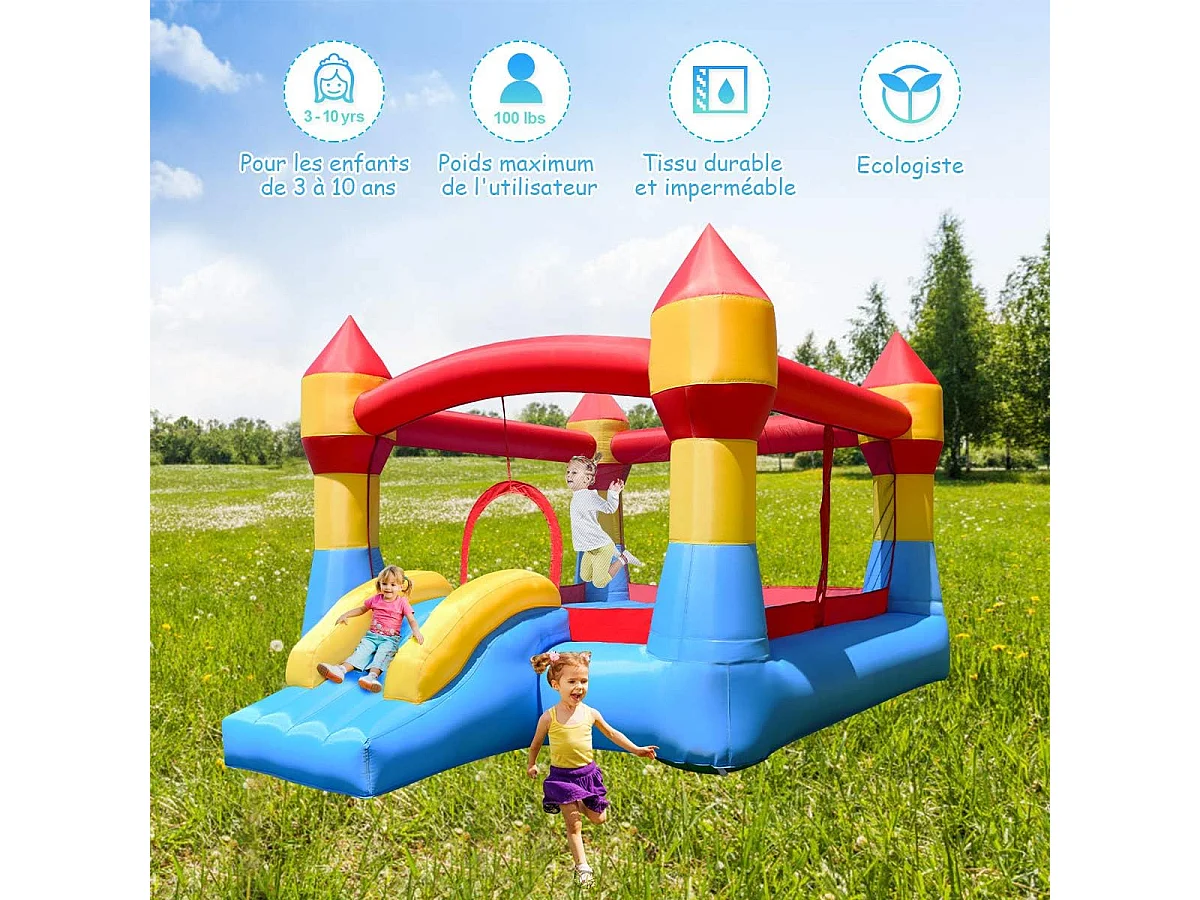 Château Gonflable Aire de Jeux Gonflable avec Toboggan pour Enfant en Tissu et velours Oxford Equipée de Filet Protecteur 370 x 280 x 230 CM