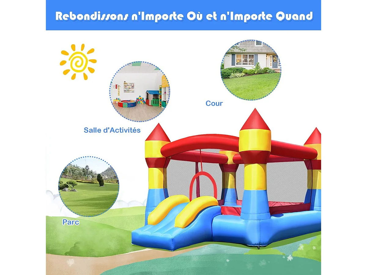 Château Gonflable Aire de Jeux Gonflable avec Toboggan pour Enfant en Tissu et velours Oxford Equipée de Filet Protecteur 370 x 280 x 230 CM