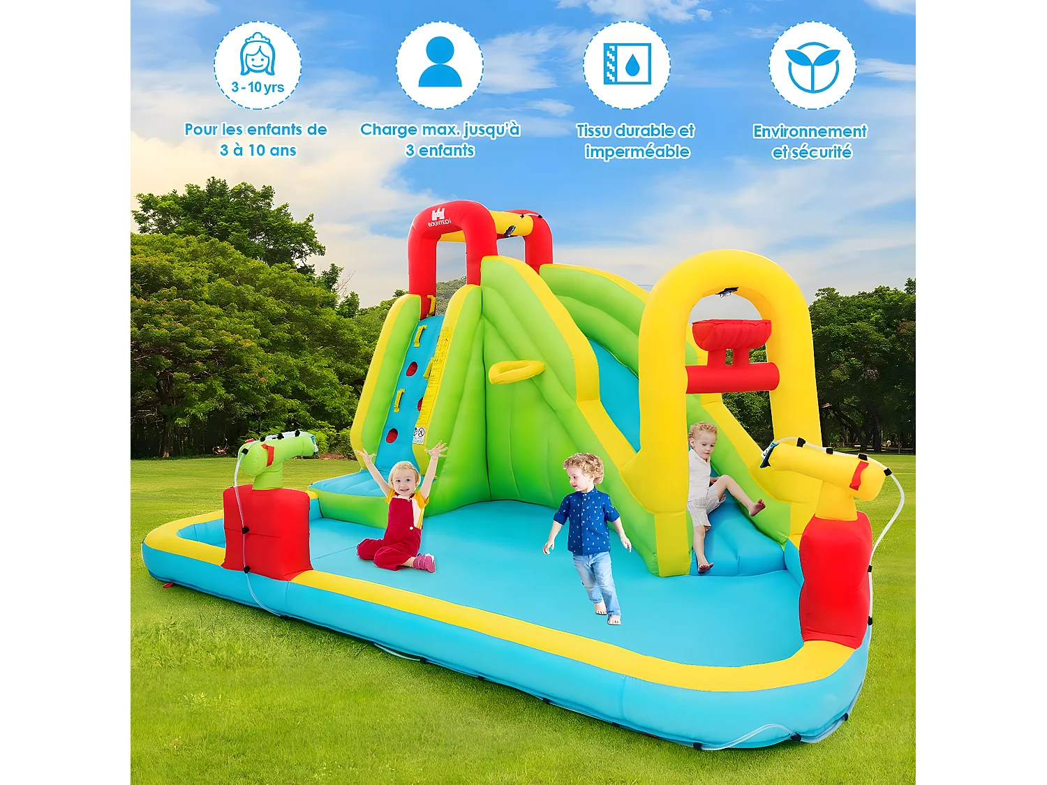 Aire de Jeux Gonflable Grande avec Toboggan Aquatique de Piscine en Plein Air pour Enfants 400 x 335 x 230 CM avec Souffleur 680W