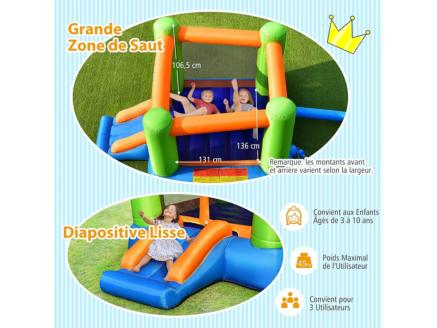 Château Gonflable avec Trampoline et Toboggan/Trampoline Gonflant Extérieur pour Enfants, 250 x 195 x 141 cm (sans gonfleur)