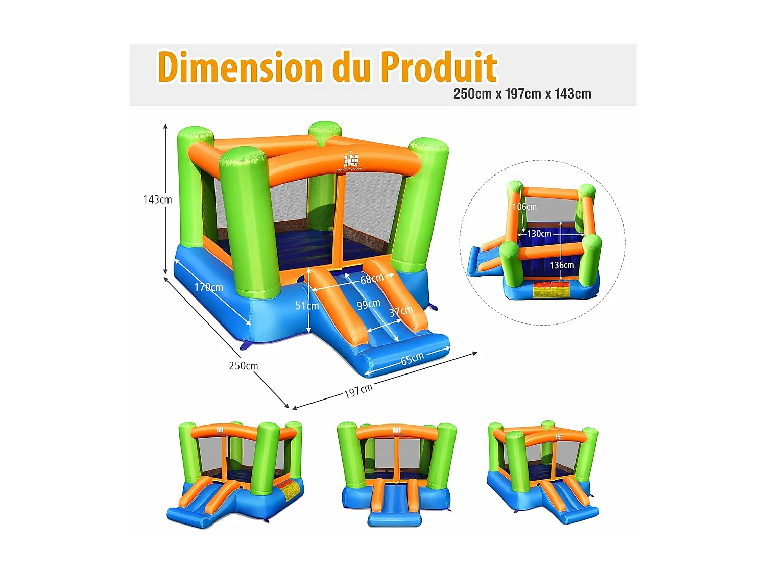 Château Gonflable avec Trampoline et Toboggan/Trampoline Gonflant Extérieur pour Enfants, 250 x 195 x 141 cm (sans gonfleur)