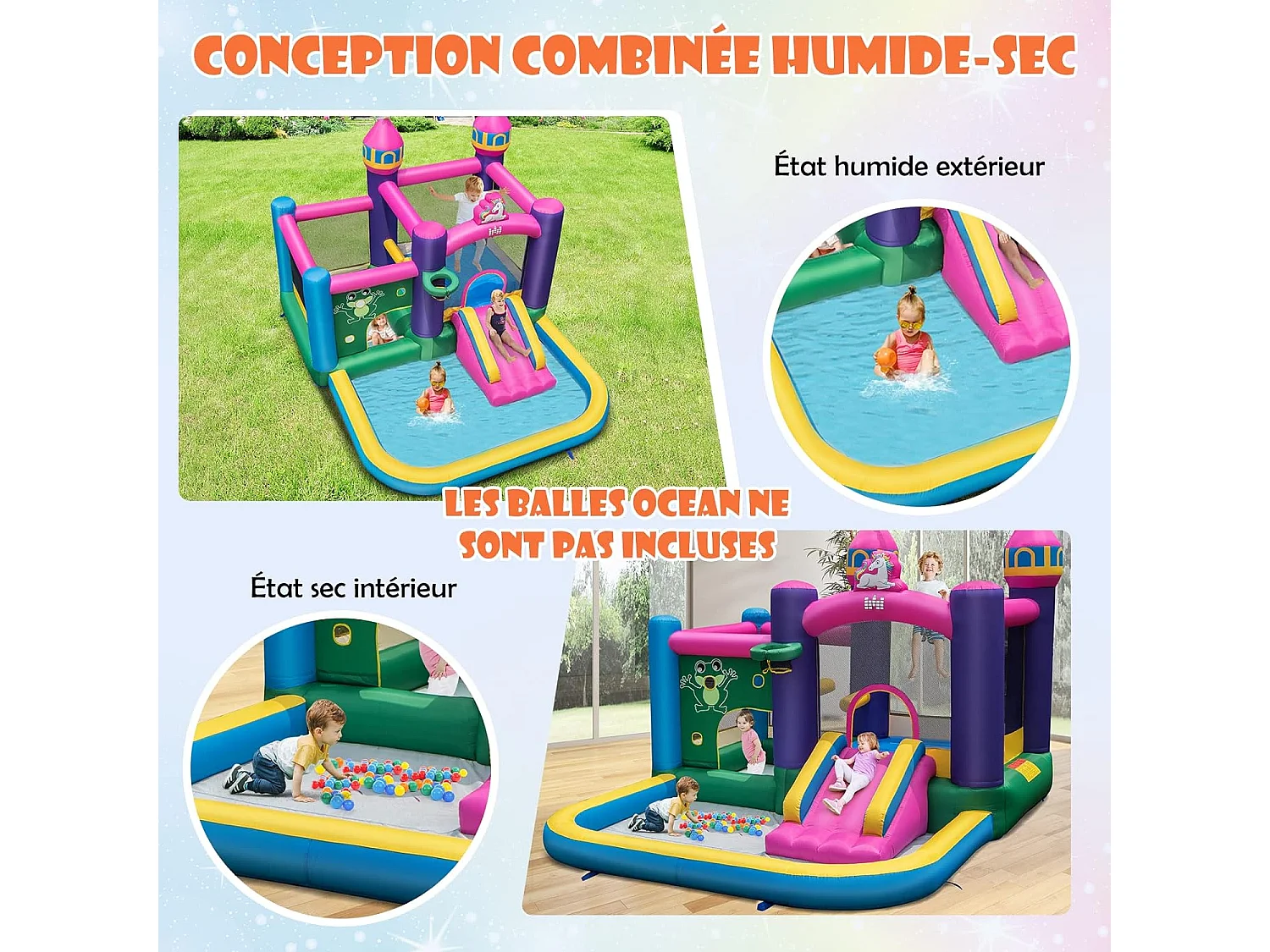 Structure Gonflable avec Gonfleur 680W Piscine à Eclaboussures Maison Latérale Toboggan Aquatique Intérieur-Extérieur