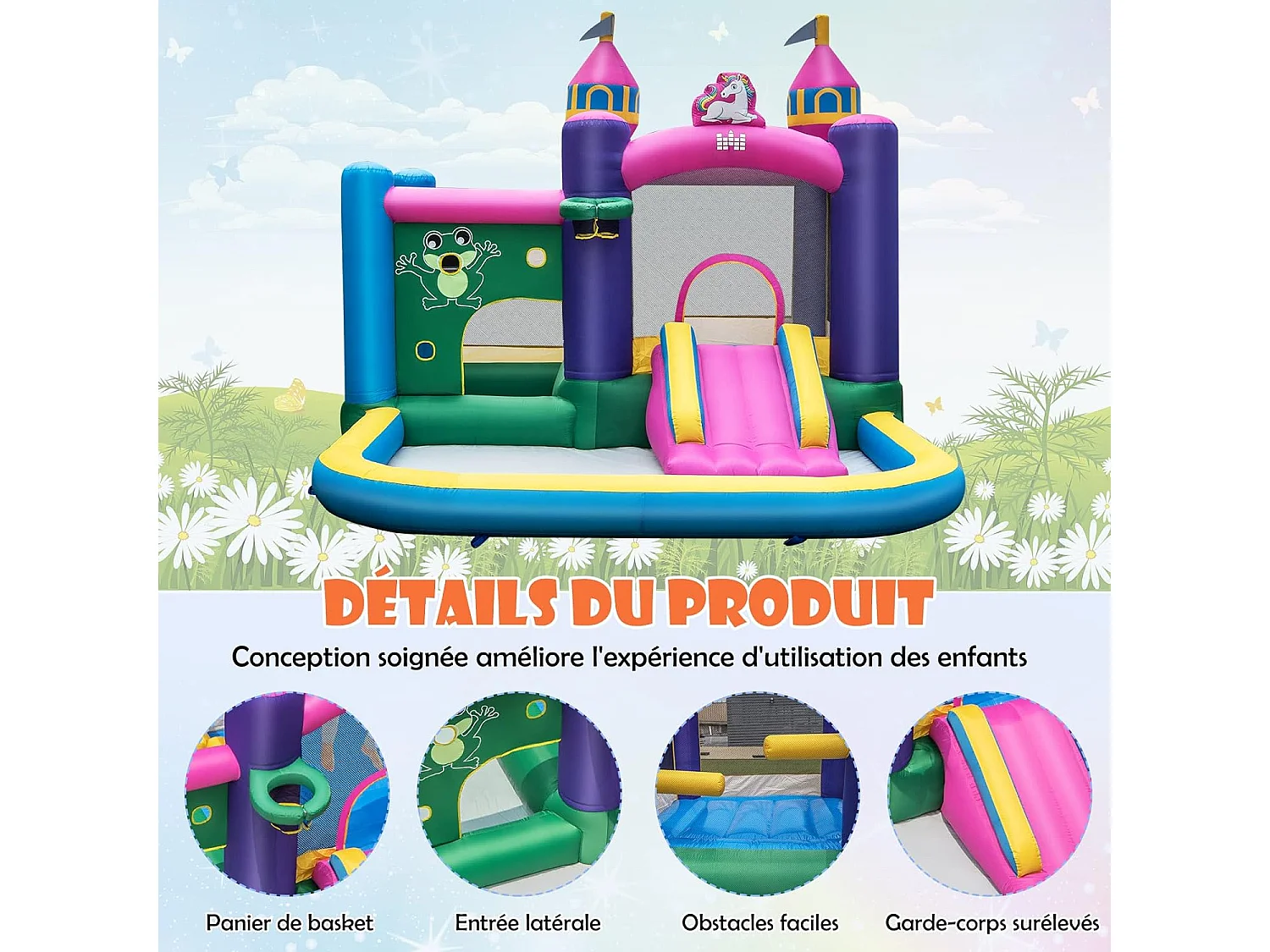 Structure Gonflable avec Gonfleur 680W Piscine à Eclaboussures Maison Latérale Toboggan Aquatique Intérieur-Extérieur