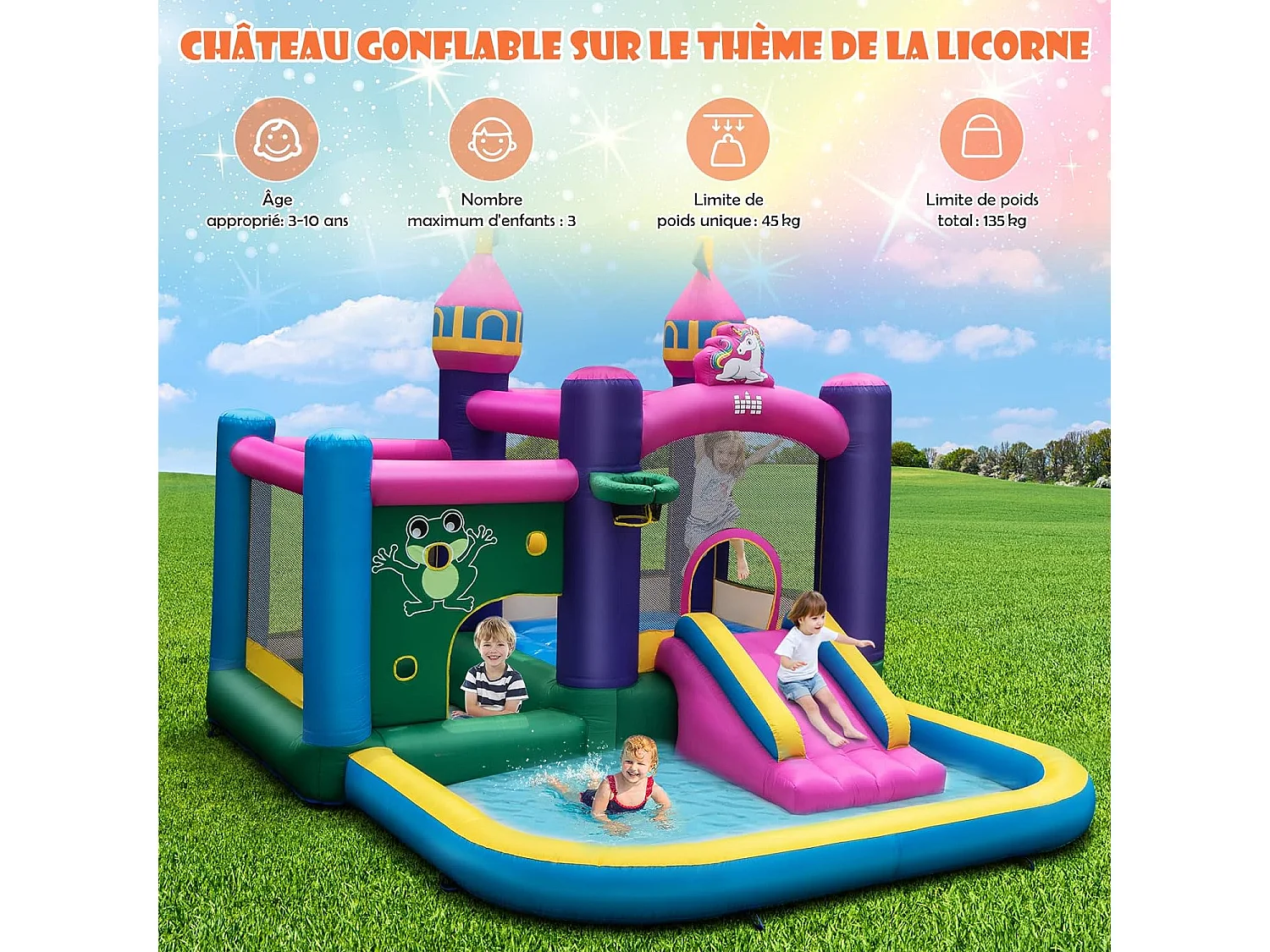 Structure Gonflable avec Gonfleur 680W Piscine à Eclaboussures Maison Latérale Toboggan Aquatique Intérieur-Extérieur