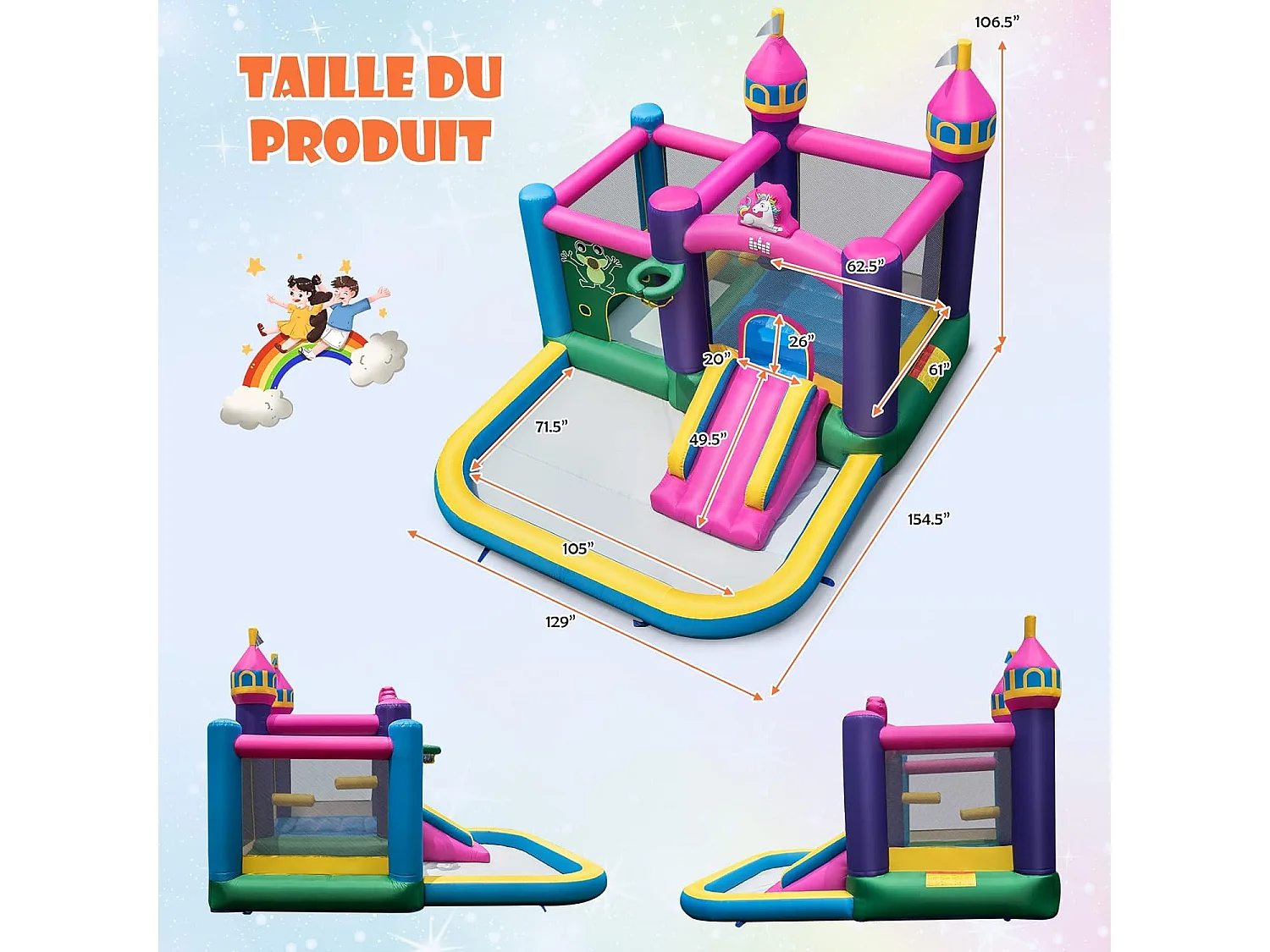 Structure Gonflable avec Gonfleur 680W Piscine à Eclaboussures Maison Latérale Toboggan Aquatique Intérieur-Extérieur