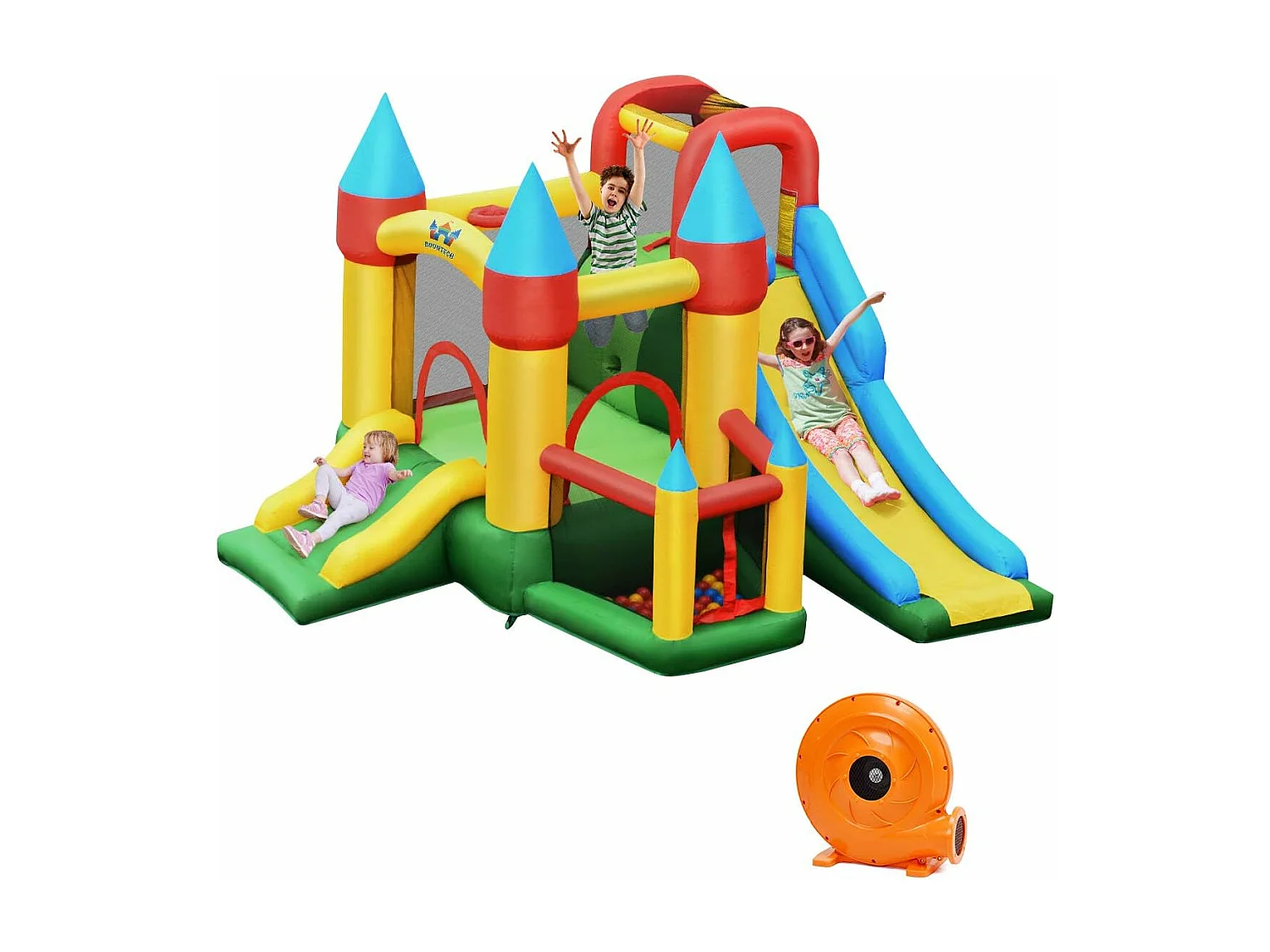 Château Gonflable avec 2 Toboggans, Aire de Saut, Piscine à Balles et Panier de Basketball, 330 x 300 x 210 cm pour Enfants 3-10 Ans Charge Max 135KG, Avec Gonfleur
