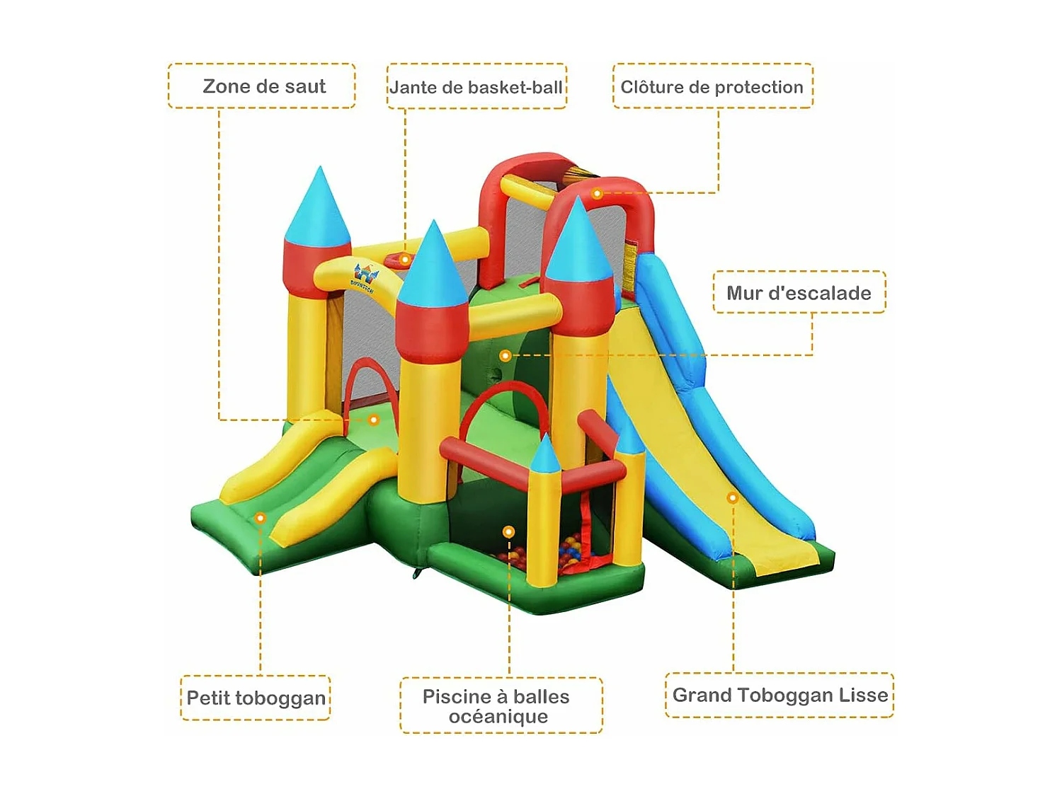 Château Gonflable avec 2 Toboggans, Aire de Saut, Piscine à Balles et Panier de Basketball, 330 x 300 x 210 cm pour Enfants 3-10 Ans Charge Max 135KG, Avec Gonfleur