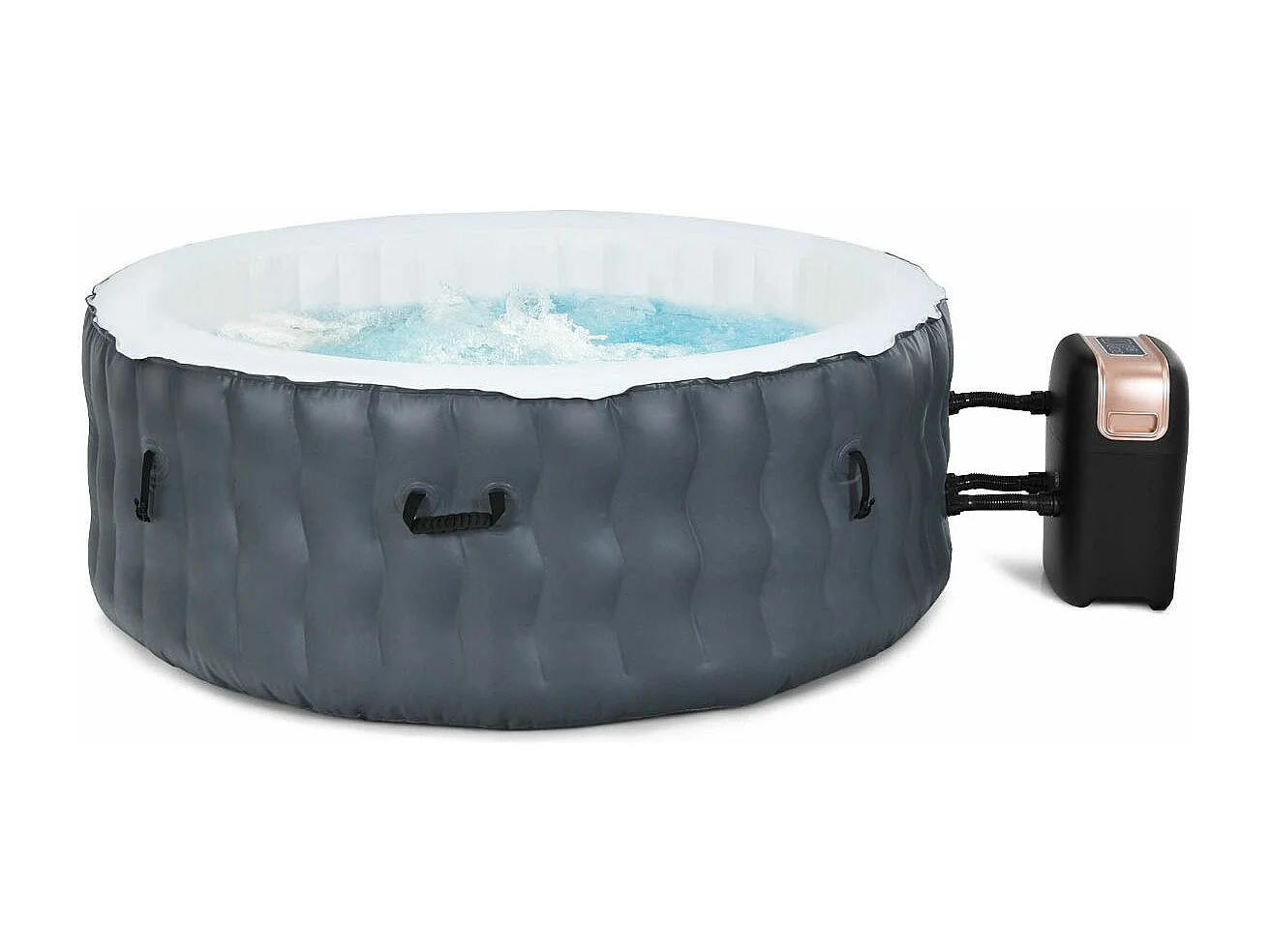 Opblaasbare spa, 2 tot 4 personen, 180 x 68 cm, draagbare ronde spa met 108 massagejets, patroonfiltratie en beschermende spa-afdekking, grijs (met hoofdsteun en bekerhouder)