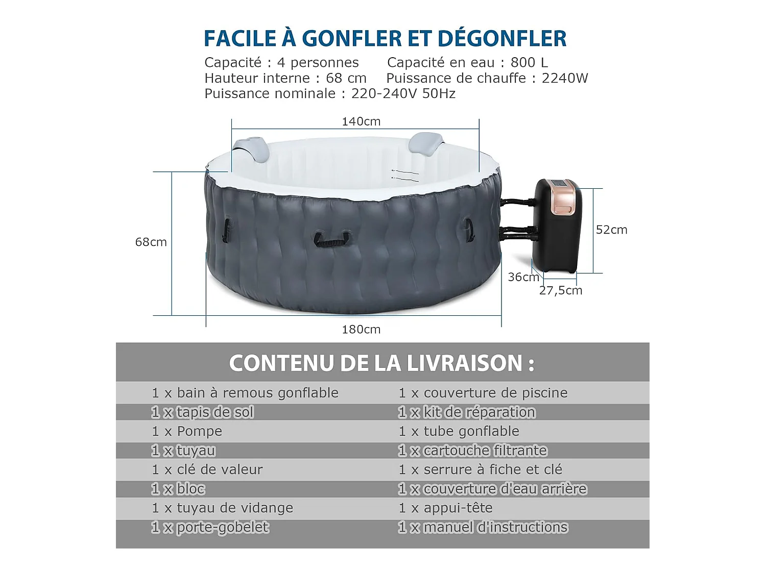 Spa Gonflable, 2 à 4 Personnes, 180 x 68 CM, Spa Rond Portable avec 108 Jets de Massage, Filtration à Cartouche et Bâche de Protection pour Le Spa, Gris (avec Appui-tête et Porte-gobelet)