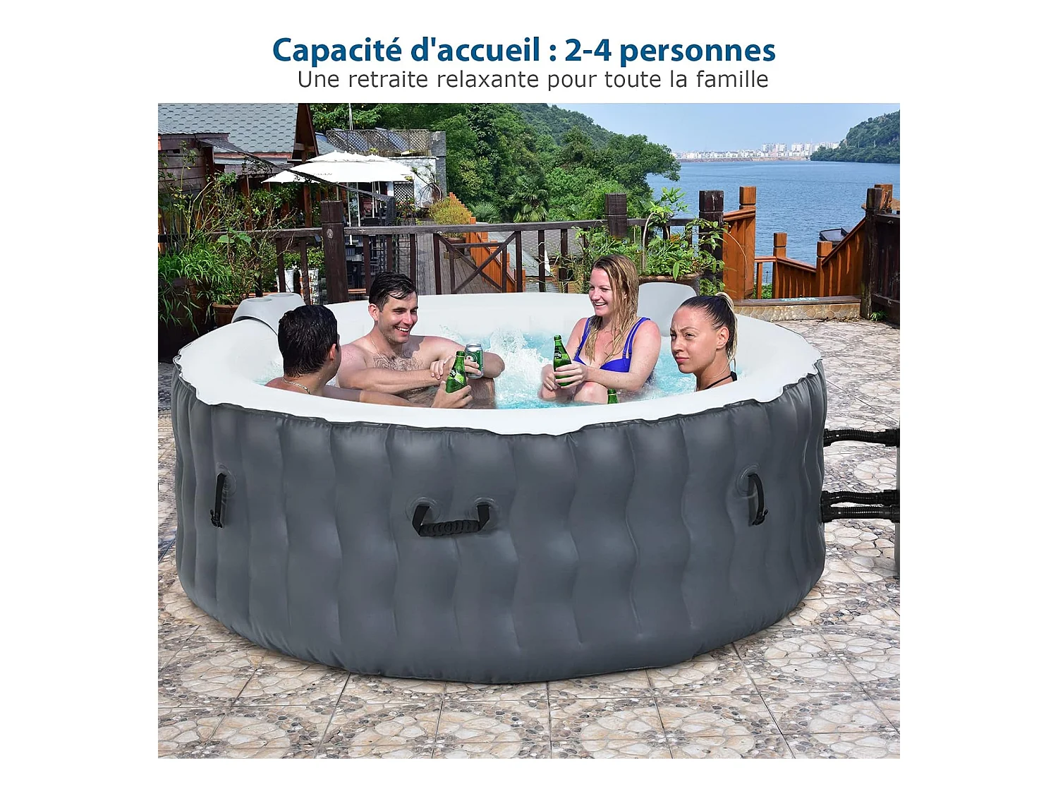 Spa Gonflable, 2 à 4 Personnes, 180 x 68 CM, Spa Rond Portable avec 108 Jets de Massage, Filtration à Cartouche et Bâche de Protection pour Le Spa, Gris (avec Appui-tête et Porte-gobelet)