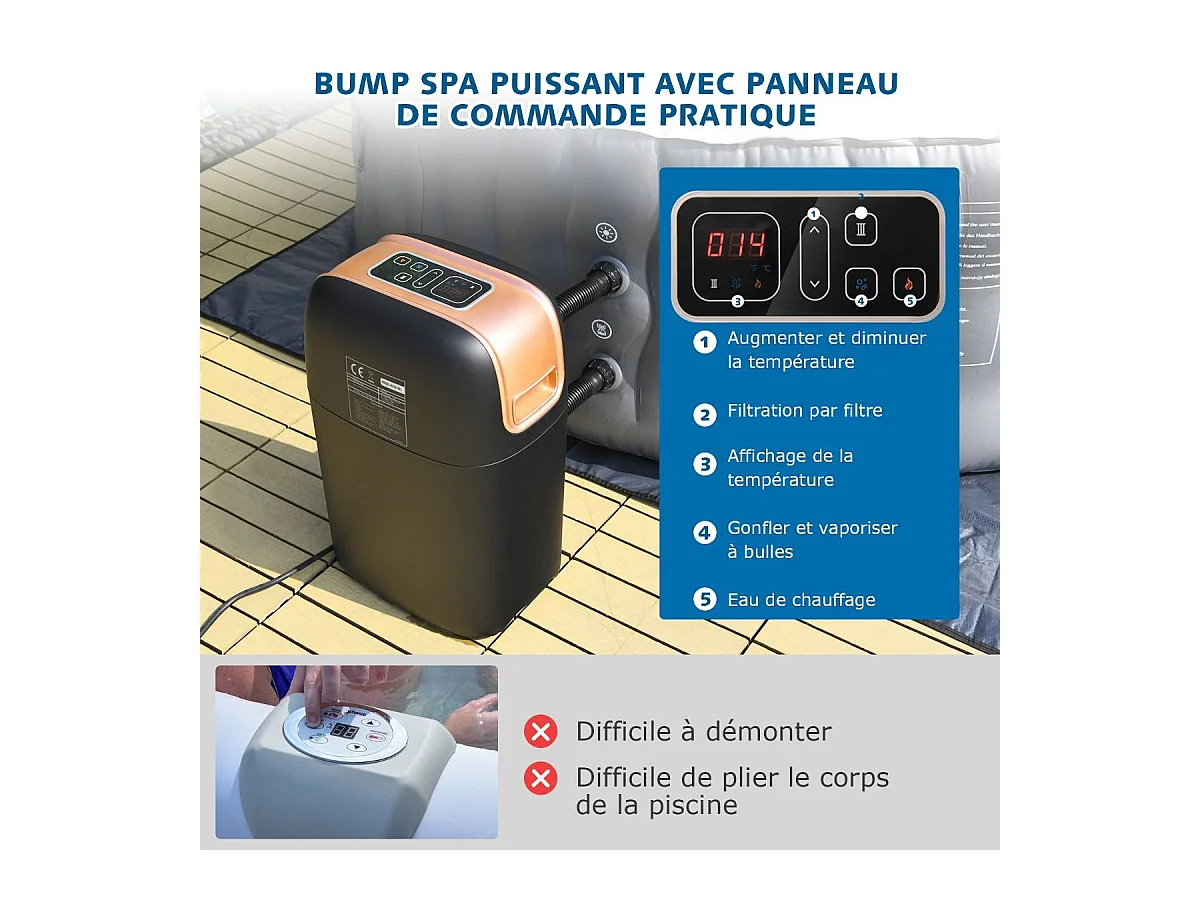 Spa Gonflable, 2 à 4 Personnes, 180 x 68 CM, Spa Rond Portable avec 108 Jets de Massage, Filtration à Cartouche et Bâche de Protection pour Le Spa, Gris (avec Appui-tête et Porte-gobelet)