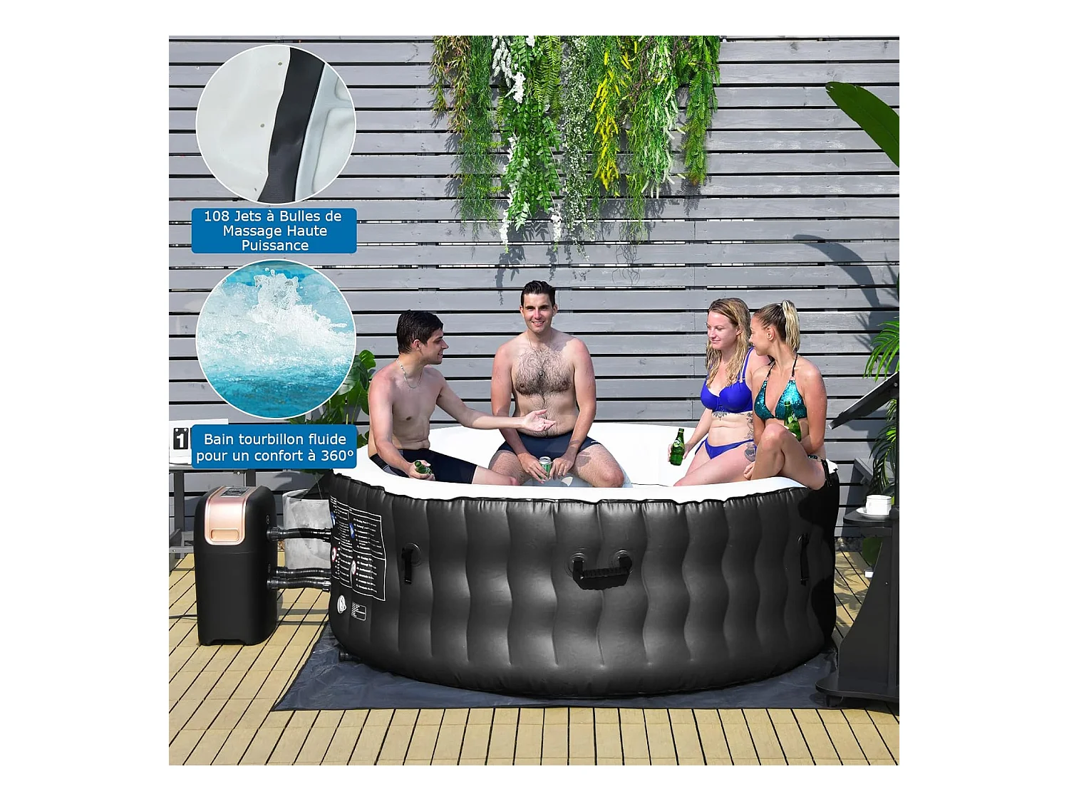 Spa Gonflable, 2 à 4 Personnes, 180 x 68 CM, Spa Rond Portable avec 108 Jets de Massage, Filtration à Cartouche et Bâche de Protection pour Le Spa, Gris (avec Appui-tête et Porte-gobelet)