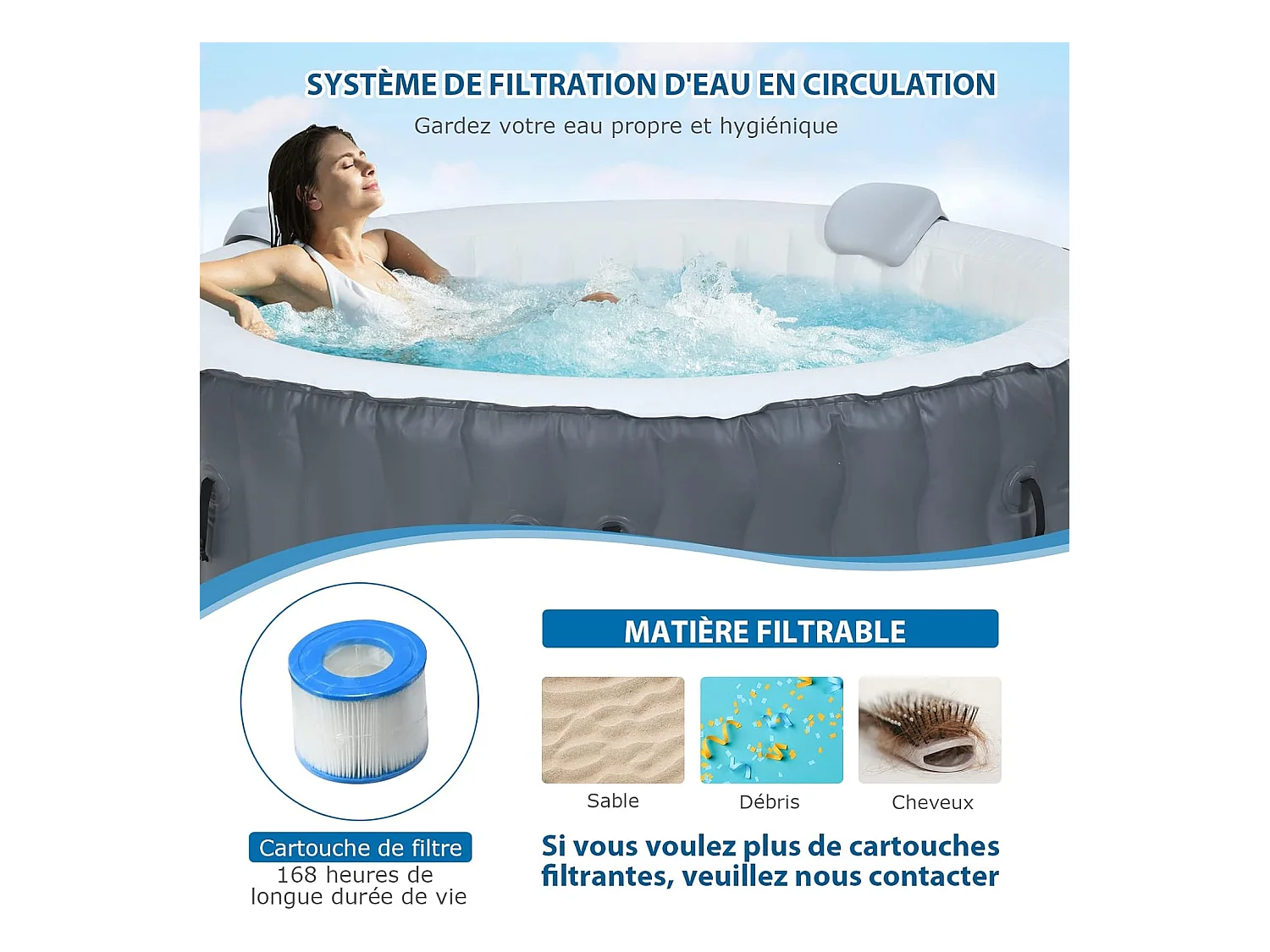 Spa Gonflable, 2 à 4 Personnes, 180 x 68 CM, Spa Rond Portable avec 108 Jets de Massage, Filtration à Cartouche et Bâche de Protection pour Le Spa, Gris (avec Appui-tête et Porte-gobelet)