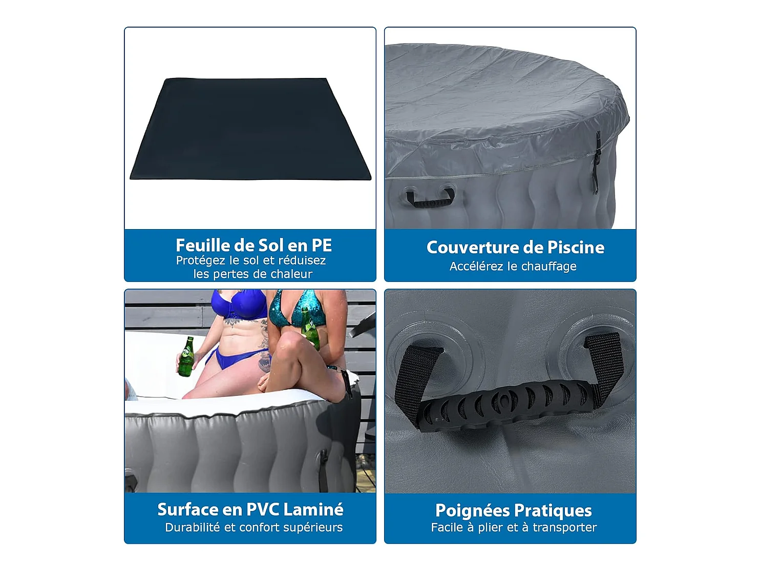 Spa Gonflable, 2 à 4 Personnes, 180 x 68 CM, Spa Rond Portable avec 108 Jets de Massage, Filtration à Cartouche et Bâche de Protection pour Le Spa, Gris (avec Appui-tête et Porte-gobelet)