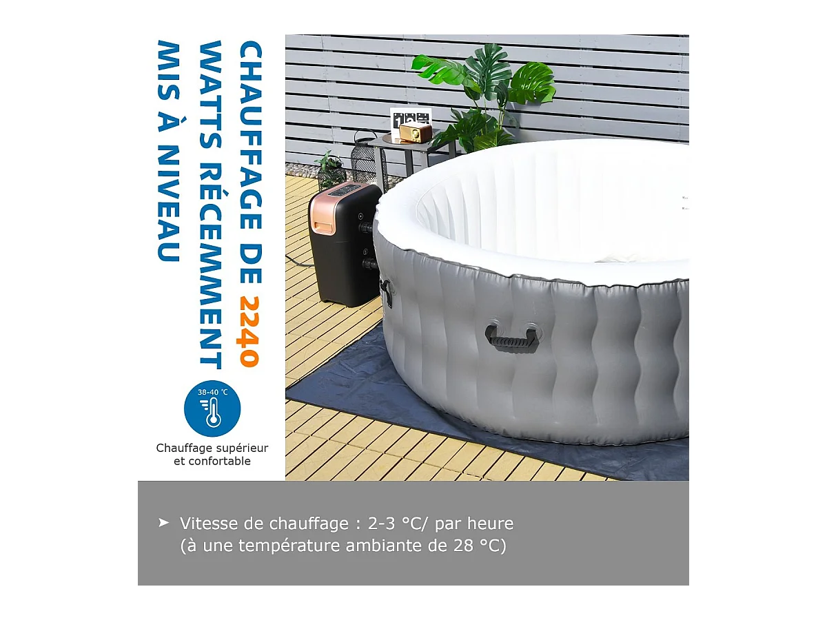 Spa Gonflable, 2 à 4 Personnes, 180 x 68 CM, Spa Rond Portable avec 108 Jets de Massage, Filtration à Cartouche et Bâche de Protection pour Le Spa, Gris (avec Appui-tête et Porte-gobelet)