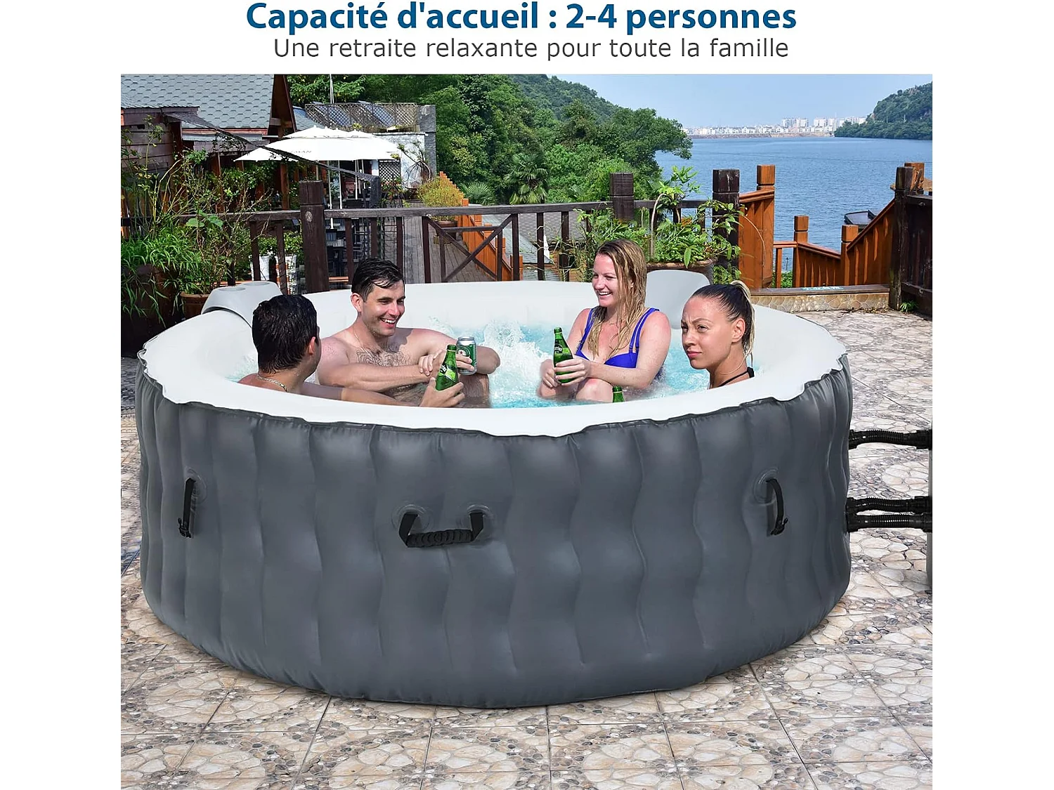 Spa Gonflable, 2 à 4 Personnes, 180 x 68 CM, Spa Rond Portable avec 108 Jets de Massage, Filtration à Cartouche et Bâche de Protection pour Le Spa, Gris (avec Appui-tête et Porte-gobelet)