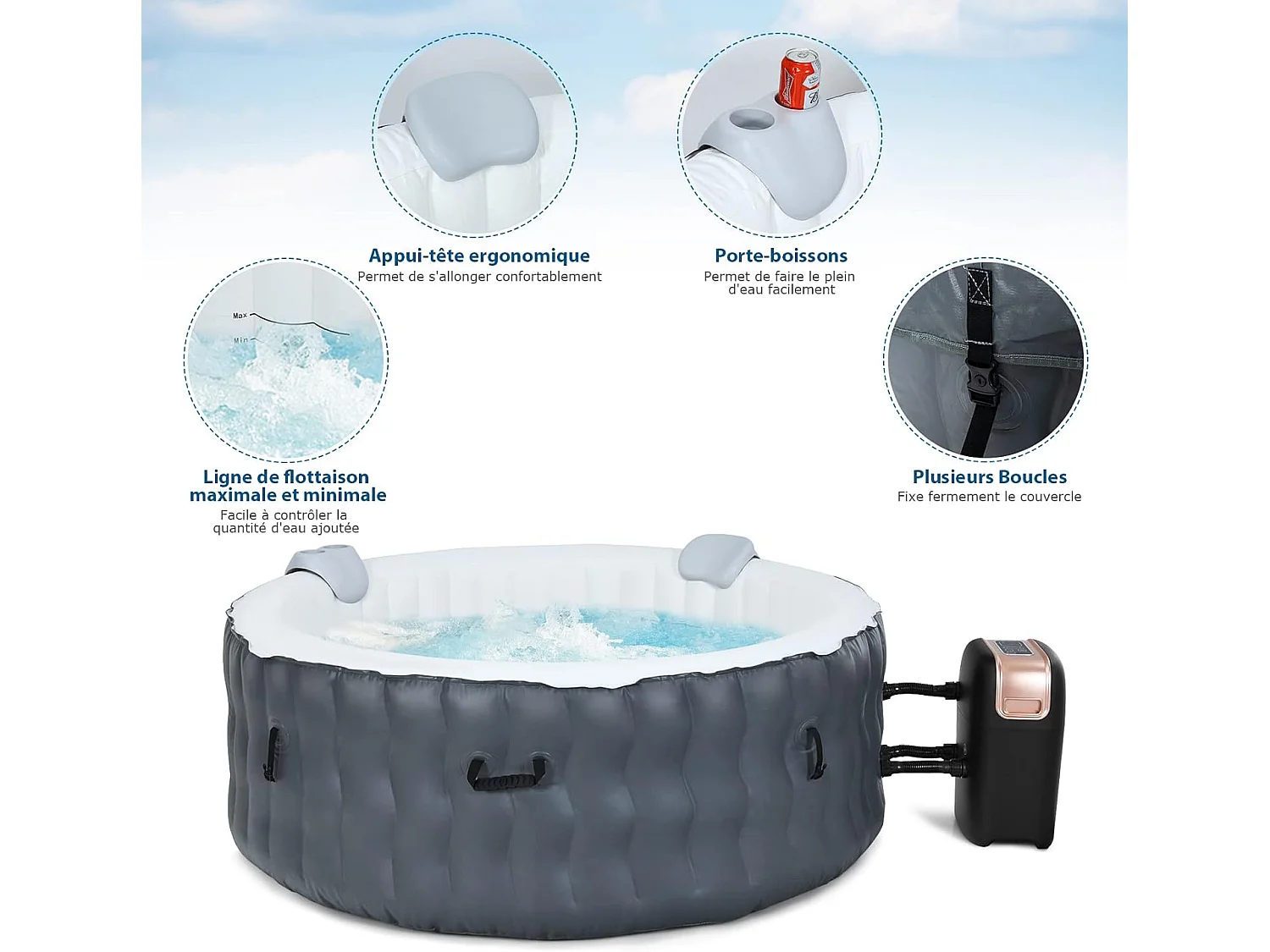 Spa Gonflable, 2 à 4 Personnes, 180 x 68 CM, Spa Rond Portable avec 108 Jets de Massage, Filtration à Cartouche et Bâche de Protection pour Le Spa, Gris (avec Appui-tête et Porte-gobelet)