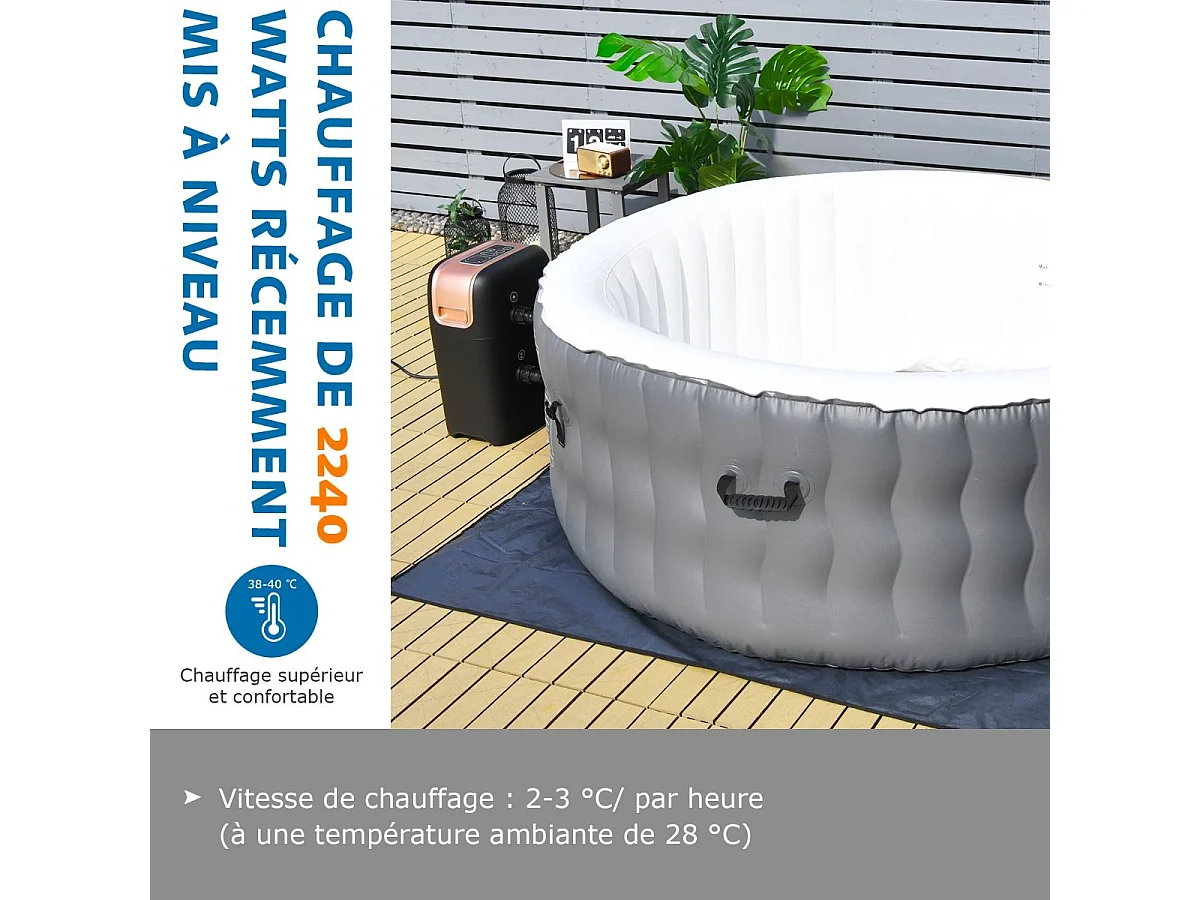 Spa Gonflable, 2 à 4 Personnes, 180 x 68 CM, Spa Rond Portable avec 108 Jets de Massage, Filtration à Cartouche et Bâche de Protection pour Le Spa, Gris (avec Appui-tête et Porte-gobelet)