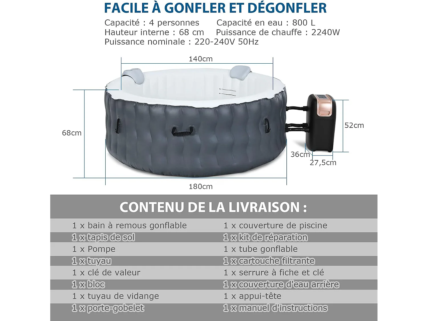 Spa Gonflable, 2 à 4 Personnes, 180 x 68 CM, Spa Rond Portable avec 108 Jets de Massage, Filtration à Cartouche et Bâche de Protection pour Le Spa, Gris (avec Appui-tête et Porte-gobelet)