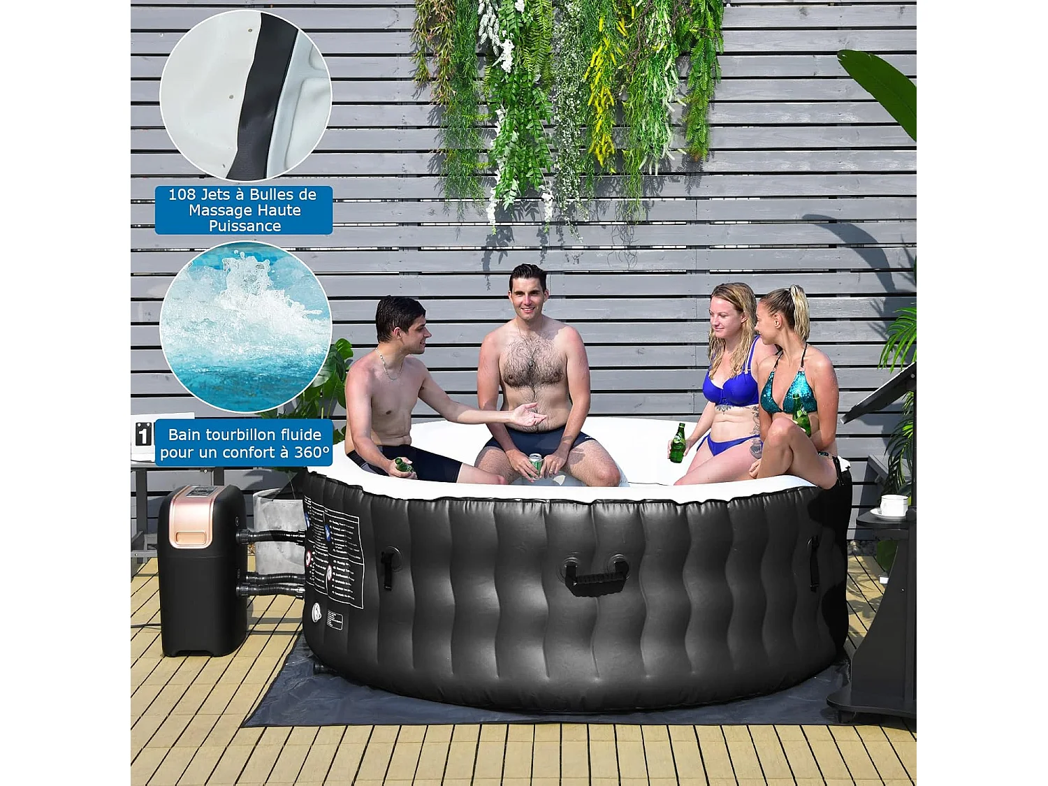 Spa Gonflable, 2 à 4 Personnes, 180 x 68 CM, Spa Rond Portable avec 108 Jets de Massage, Filtration à Cartouche et Bâche de Protection pour Le Spa, Gris (avec Appui-tête et Porte-gobelet)