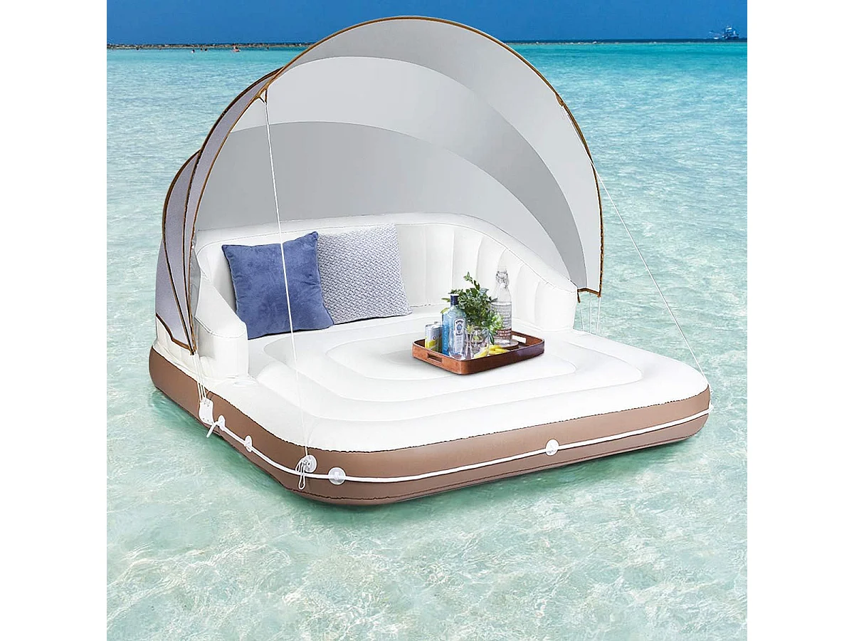 Matelas Gonflable Lounge/Salon de Piscine Flottant 180x180x160CM Charge 200KG avec Accoudoir à Haut Dossier,2 Porte-Gobelets et Auvent Rétractable