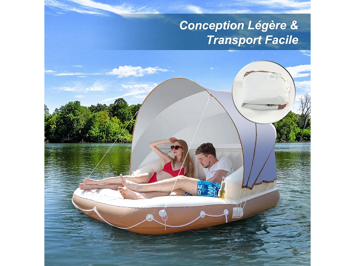 Matelas Gonflable Lounge/Salon de Piscine Flottant 180x180x160CM Charge 200KG avec Accoudoir à Haut Dossier,2 Porte-Gobelets et Auvent Rétractable
