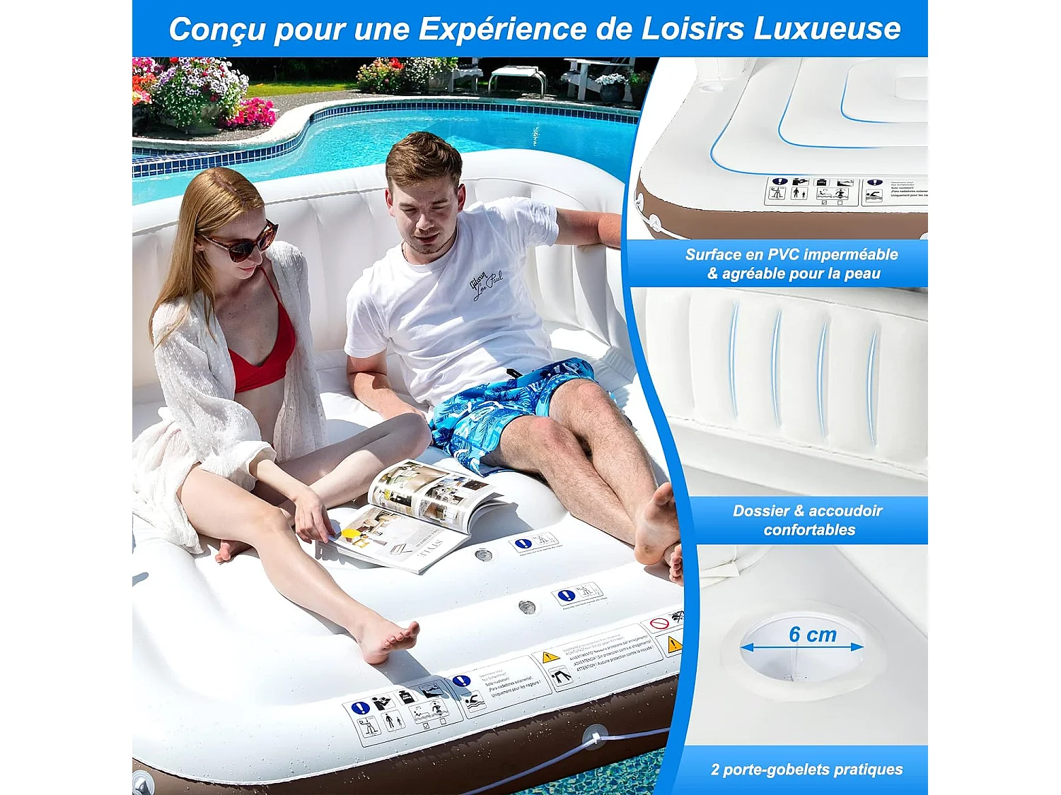 Matelas Gonflable Lounge/Salon de Piscine Flottant 180x180x160CM Charge 200KG avec Accoudoir à Haut Dossier,2 Porte-Gobelets et Auvent Rétractable