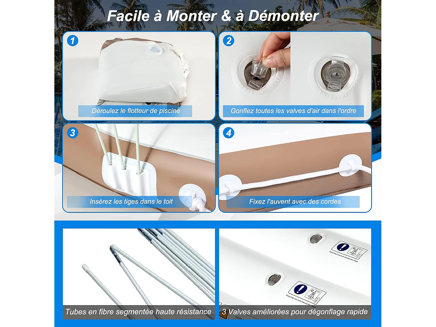 Matelas Gonflable Lounge/Salon de Piscine Flottant 180x180x160CM Charge 200KG avec Accoudoir à Haut Dossier,2 Porte-Gobelets et Auvent Rétractable