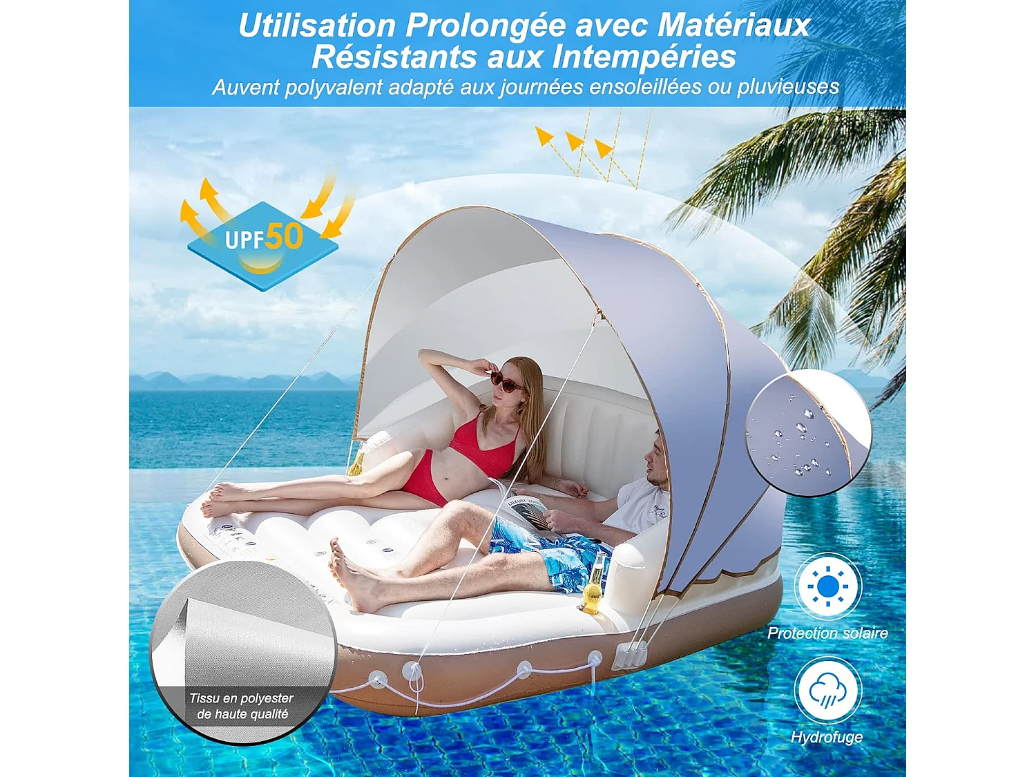 Matelas Gonflable Lounge/Salon de Piscine Flottant 180x180x160CM Charge 200KG avec Accoudoir à Haut Dossier,2 Porte-Gobelets et Auvent Rétractable
