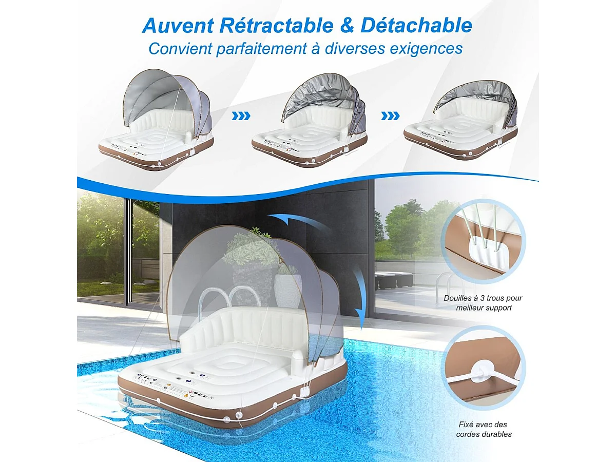 Matelas Gonflable Lounge/Salon de Piscine Flottant 180x180x160CM Charge 200KG avec Accoudoir à Haut Dossier,2 Porte-Gobelets et Auvent Rétractable