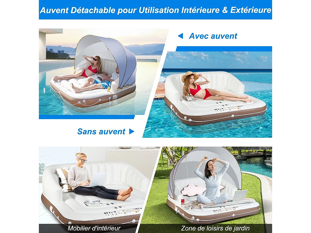Matelas Gonflable Lounge/Salon de Piscine Flottant 180x180x160CM Charge 200KG avec Accoudoir à Haut Dossier,2 Porte-Gobelets et Auvent Rétractable