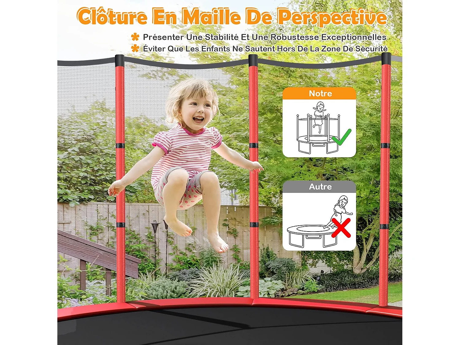 Trampoline Extérieur Enfants Ø165 CM avec Filet de Sécurité, Trampoline Enfants avec Cadre en Acier & 6 Poteaux Recouvert de Mousse, Charge Max 135kg pour Garçon et Fille