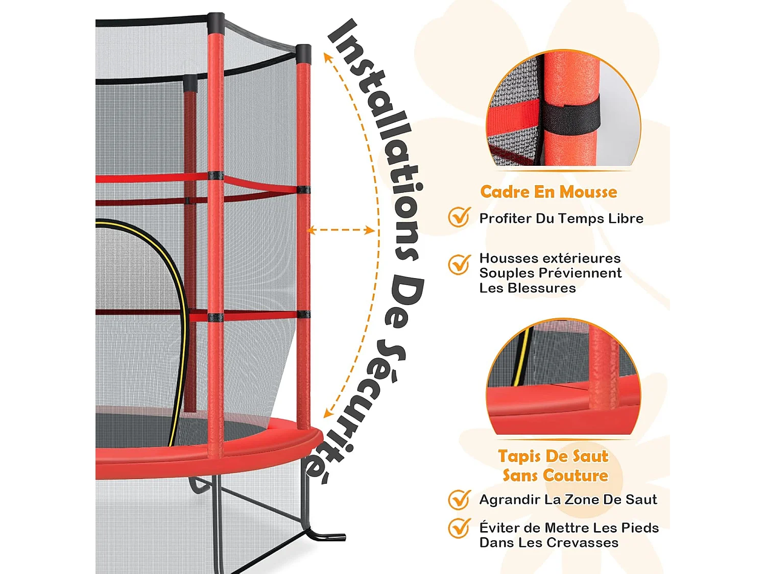 Trampoline Extérieur Enfants Ø165 CM avec Filet de Sécurité, Trampoline Enfants avec Cadre en Acier & 6 Poteaux Recouvert de Mousse, Charge Max 135kg pour Garçon et Fille
