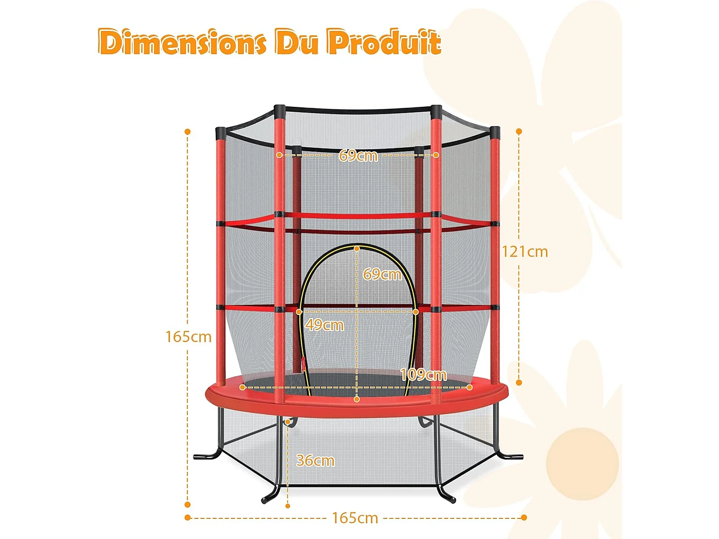 Trampoline Extérieur Enfants Ø165 CM avec Filet de Sécurité, Trampoline Enfants avec Cadre en Acier & 6 Poteaux Recouvert de Mousse, Charge Max 135kg pour Garçon et Fille