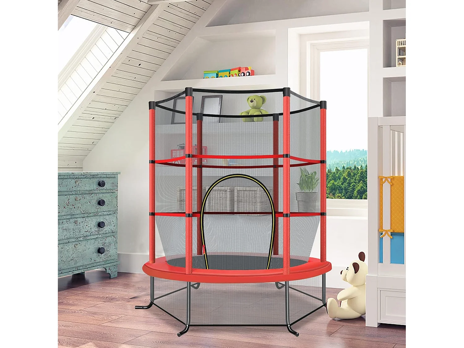 Trampoline Extérieur Enfants Ø165 CM avec Filet de Sécurité, Trampoline Enfants avec Cadre en Acier & 6 Poteaux Recouvert de Mousse, Charge Max 135kg pour Garçon et Fille