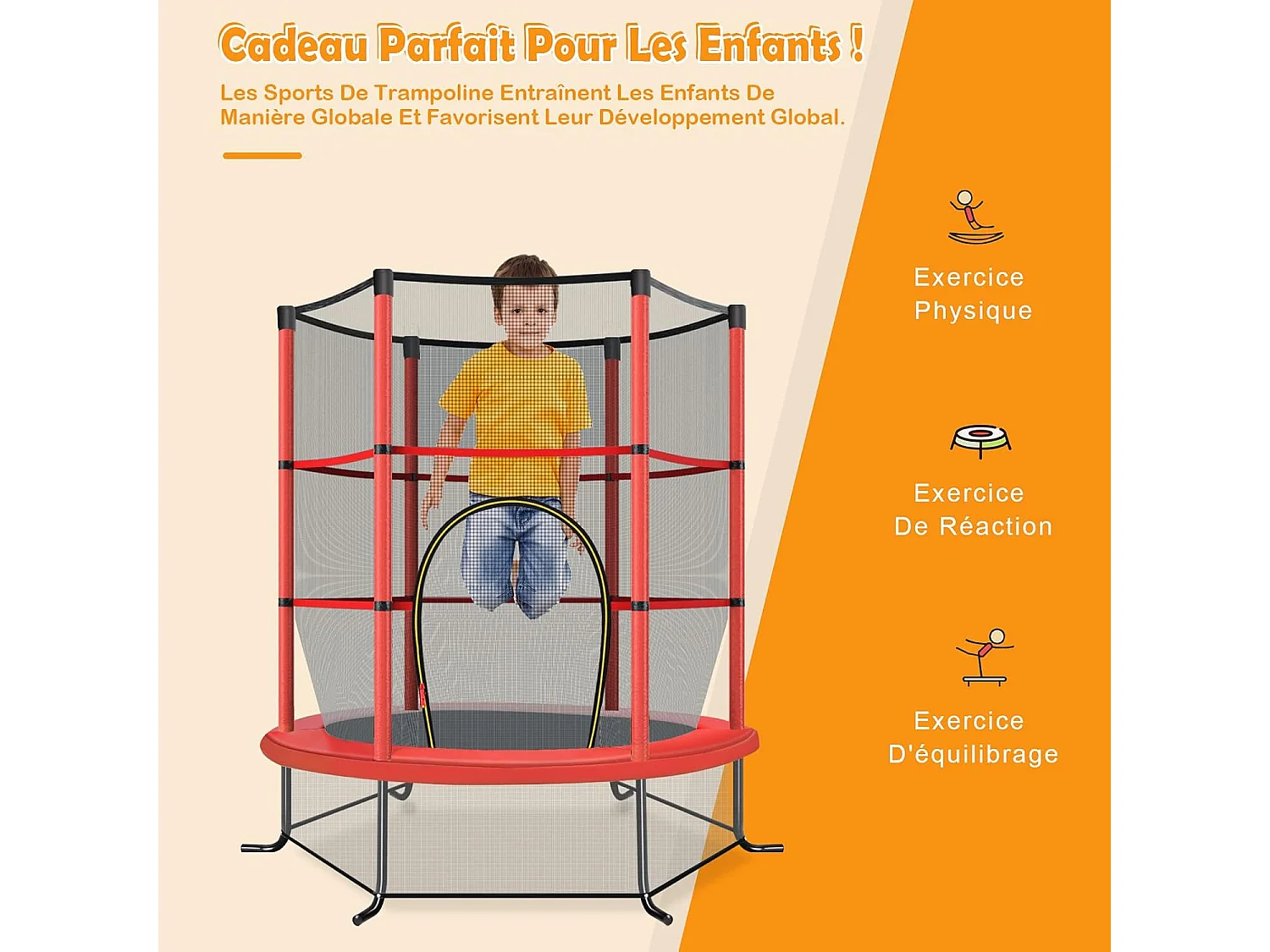 Trampoline Extérieur Enfants Ø165 CM avec Filet de Sécurité, Trampoline Enfants avec Cadre en Acier & 6 Poteaux Recouvert de Mousse, Charge Max 135kg pour Garçon et Fille