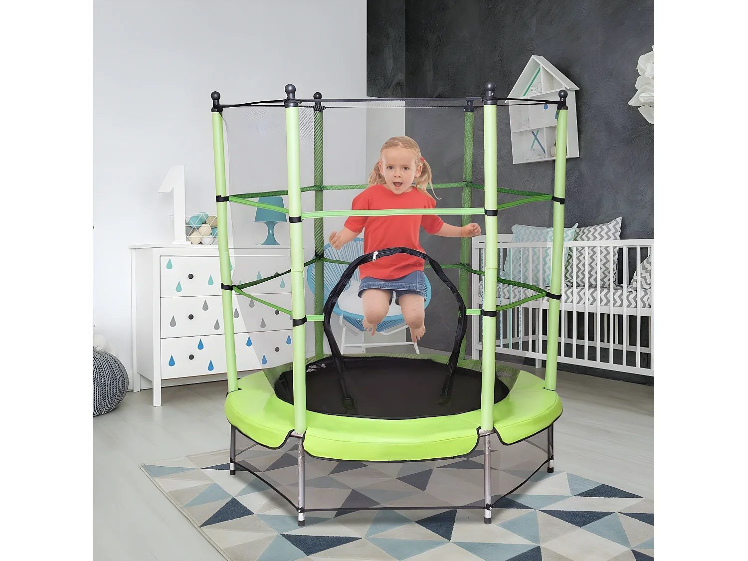 Trampoline Ø 140 cm,Filet de Protection,Echelle,Rond,Vert