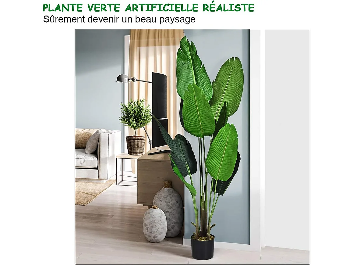 Plante Artificiel Bananier Avec Pot 160CM, avec 10 Feuilles Tropicales et Tronc en Bois et PE, Idéal pour Jardin, Magasin, Bureau, 160CM