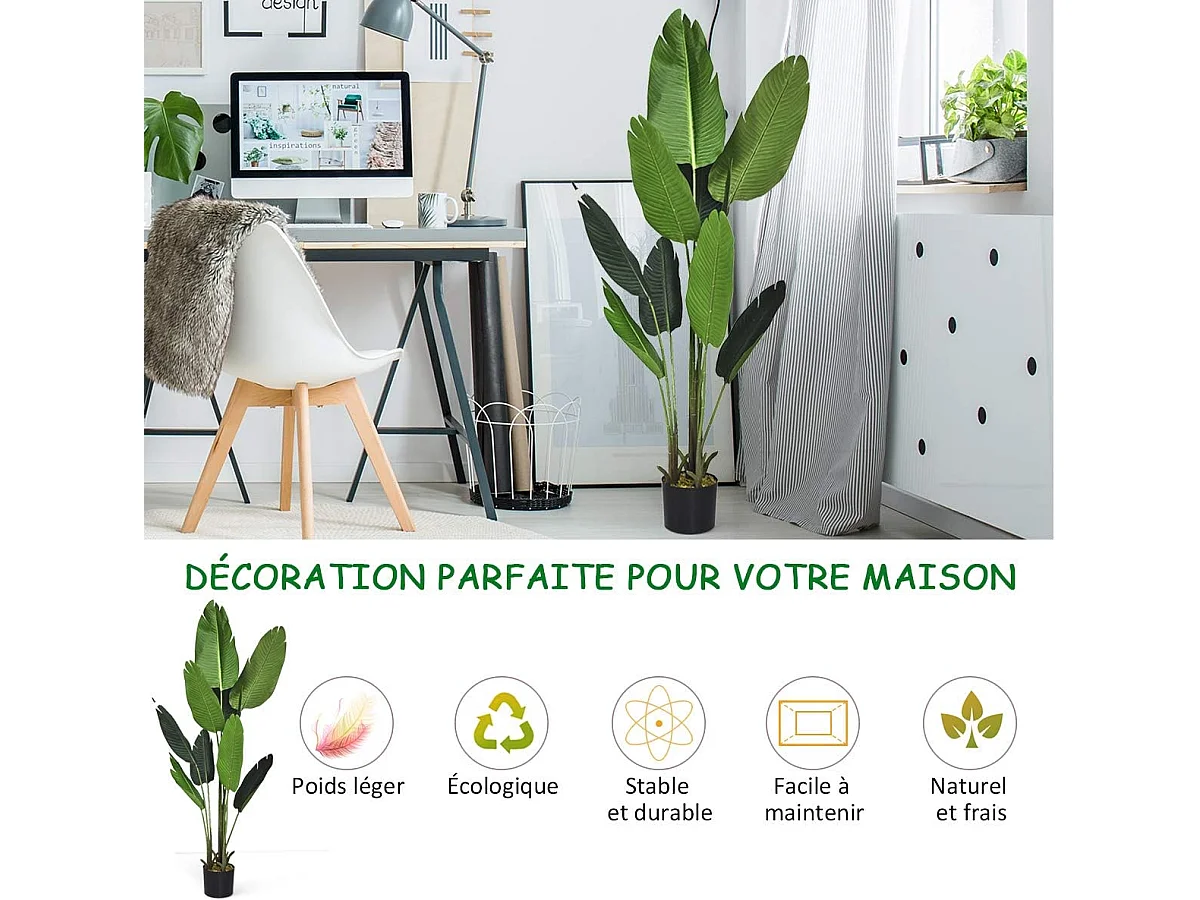Plante Artificiel Bananier Avec Pot 160CM, avec 10 Feuilles Tropicales et Tronc en Bois et PE, Idéal pour Jardin, Magasin, Bureau, 160CM