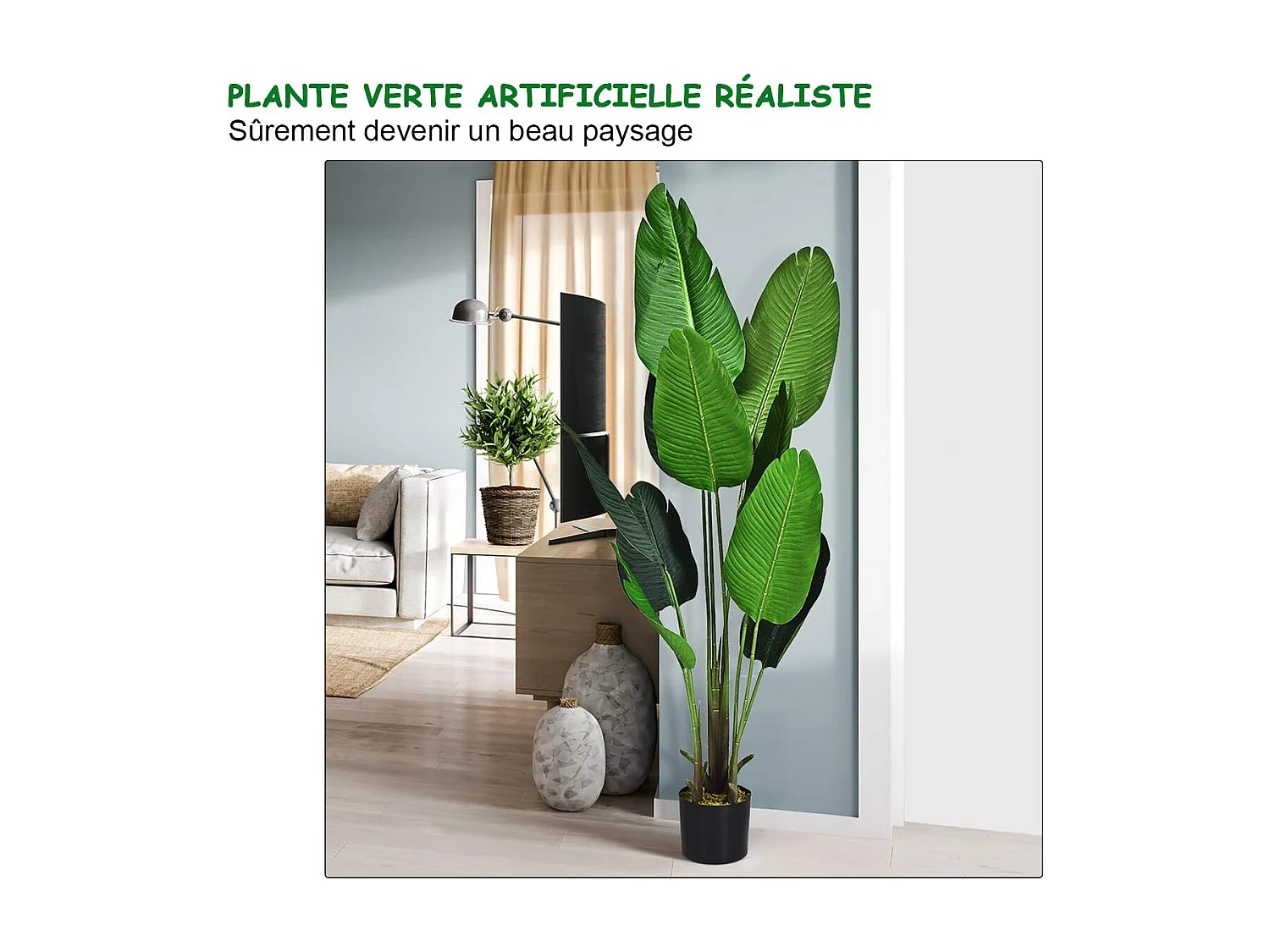 Plante Artificiel Bananier Avec Pot 160CM, avec 10 Feuilles Tropicales et Tronc en Bois et PE, Idéal pour Jardin, Magasin, Bureau, 160CM