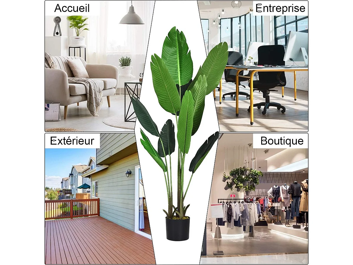 Plante Artificiel Bananier Avec Pot 160CM, avec 10 Feuilles Tropicales et Tronc en Bois et PE, Idéal pour Jardin, Magasin, Bureau, 160CM