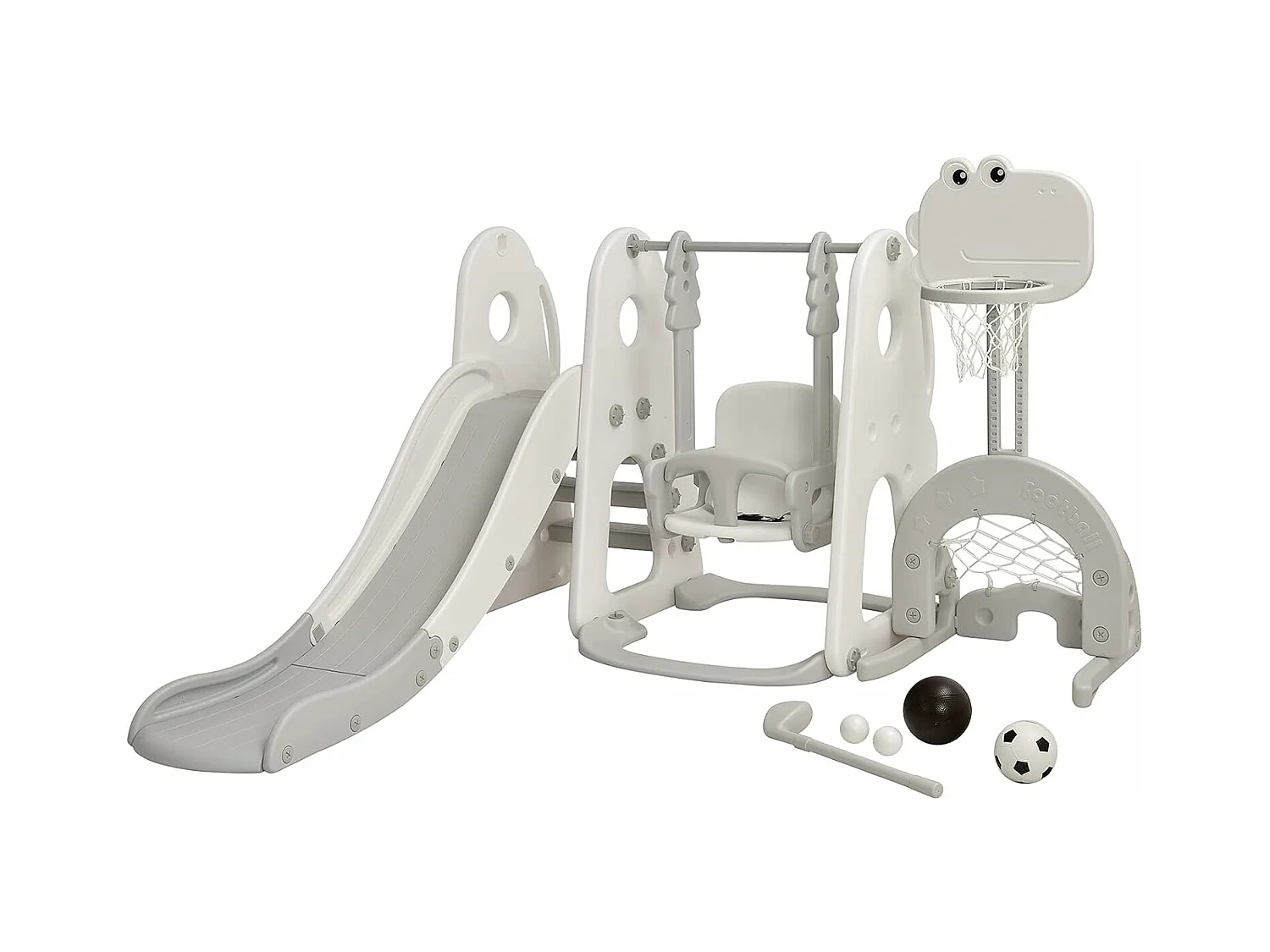 Ensemble Toboggan Balançoire 6 en 1 HDPE Basket-ball Football Escalade Golf pour Enfants 18 Mois+Gris+Blanc