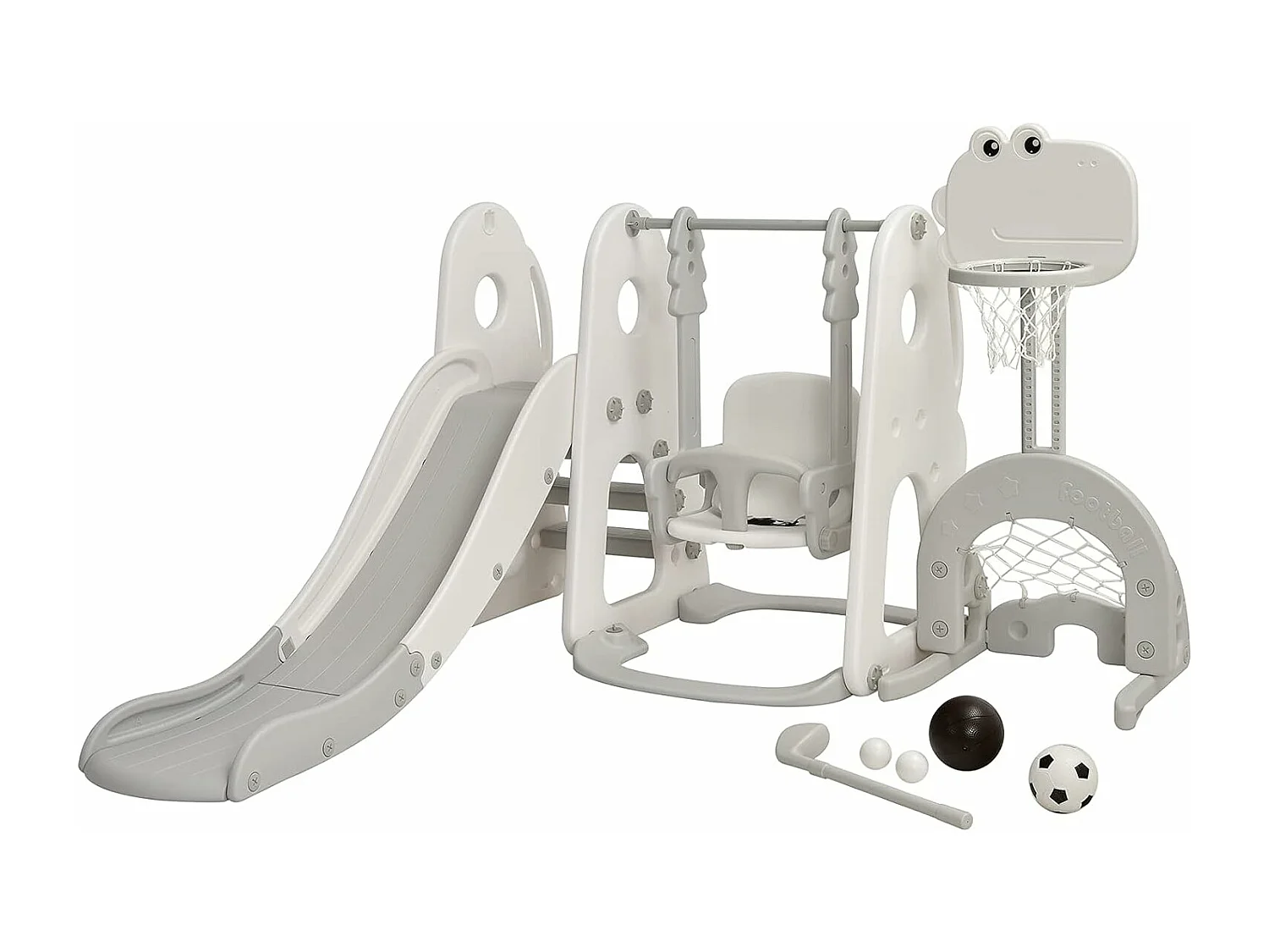 Ensemble Toboggan Balançoire 6 en 1 HDPE Basket-ball Football Escalade Golf pour Enfants 18 Mois+Gris+Blanc