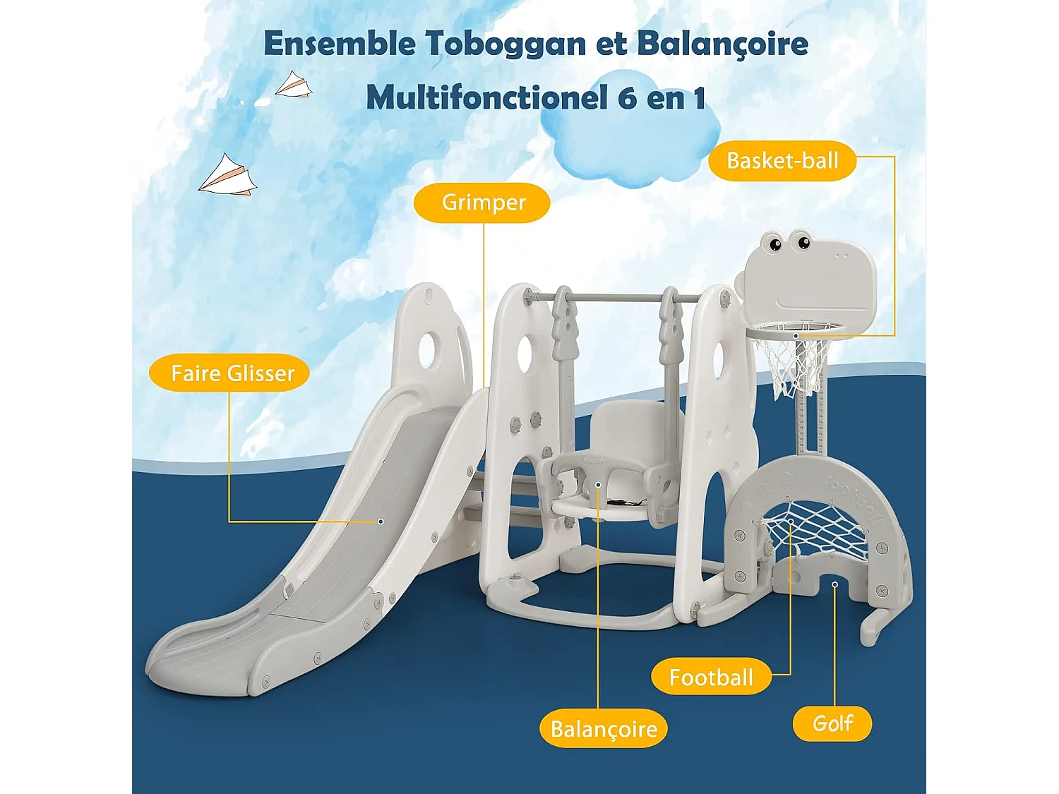 Ensemble Toboggan Balançoire 6 en 1 HDPE Basket-ball Football Escalade Golf pour Enfants 18 Mois+Gris+Blanc