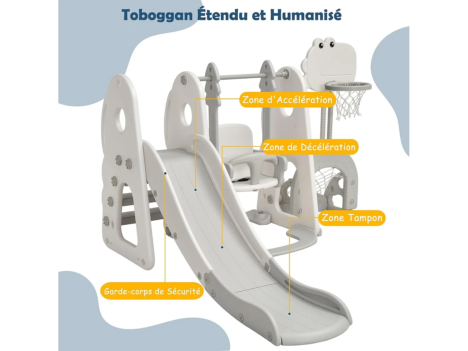 Ensemble Toboggan Balançoire 6 en 1 HDPE Basket-ball Football Escalade Golf pour Enfants 18 Mois+Gris+Blanc