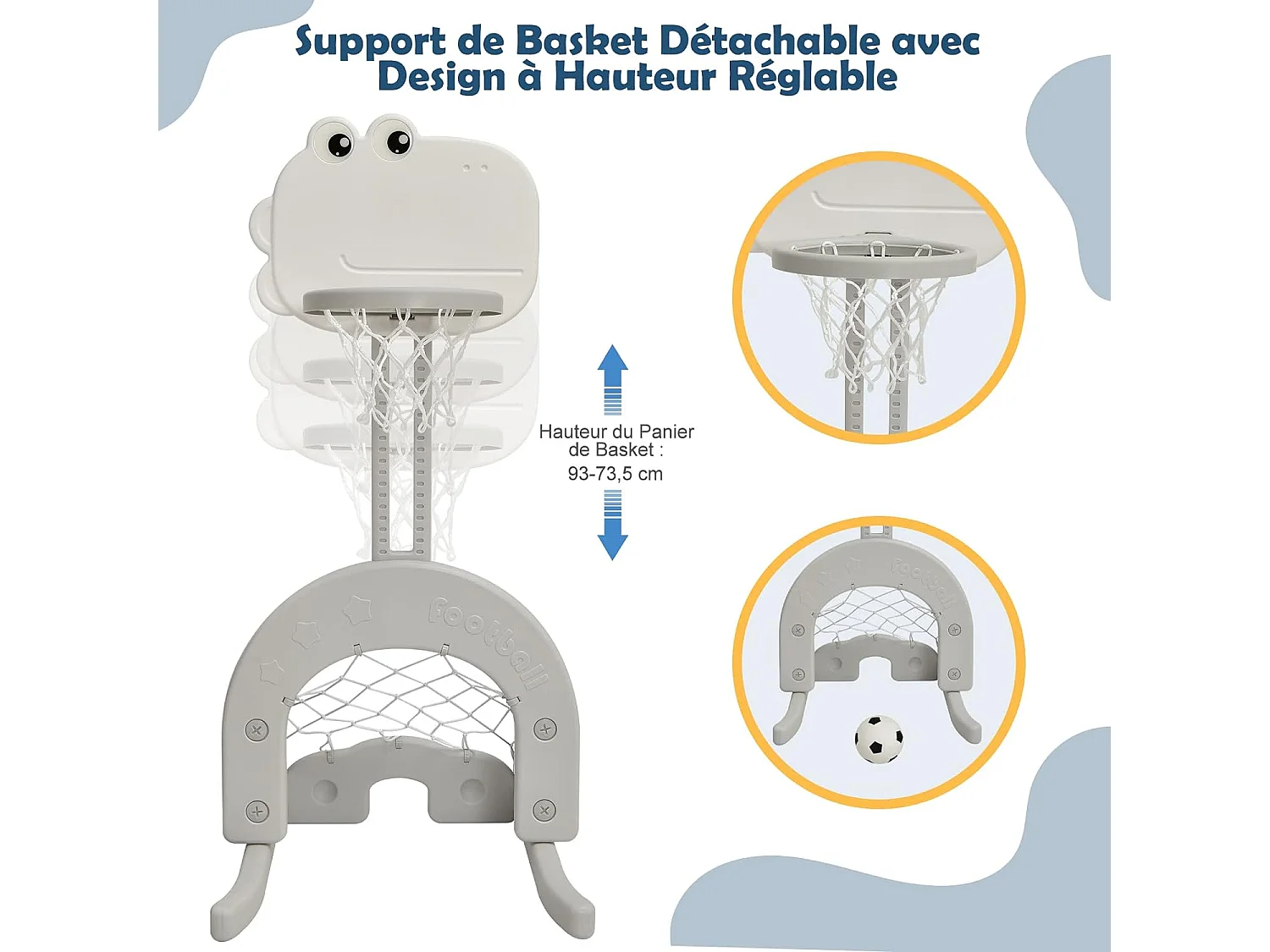 Ensemble Toboggan Balançoire 6 en 1 HDPE Basket-ball Football Escalade Golf pour Enfants 18 Mois+Gris+Blanc