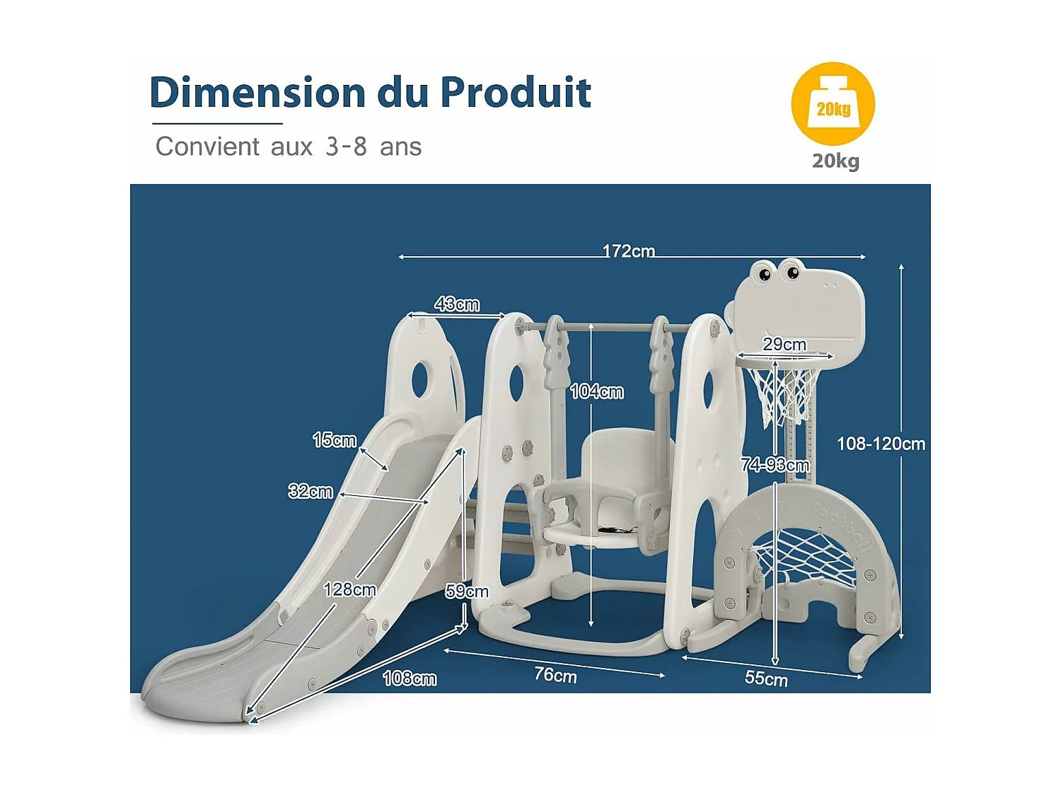 Ensemble Toboggan Balançoire 6 en 1 HDPE Basket-ball Football Escalade Golf pour Enfants 18 Mois+Gris+Blanc