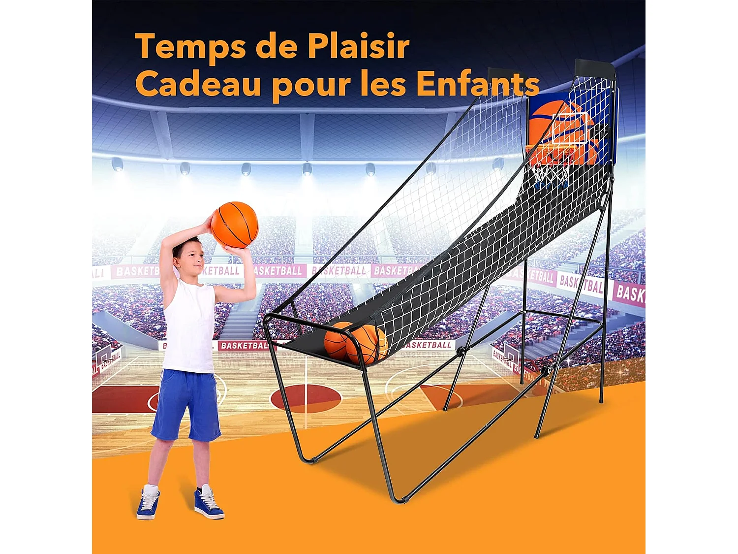 Jeu de Basketball Arcade, Jeu de Basketball Pliable avec Compteur Électronique et Buzzer, 3 Ballons de Basket, 1 Pompe