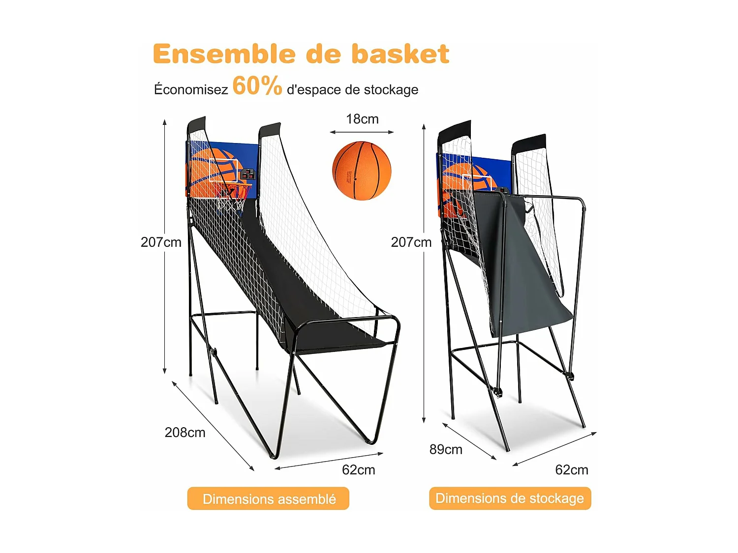 Jeu de Basketball Arcade, Jeu de Basketball Pliable avec Compteur Électronique et Buzzer, 3 Ballons de Basket, 1 Pompe