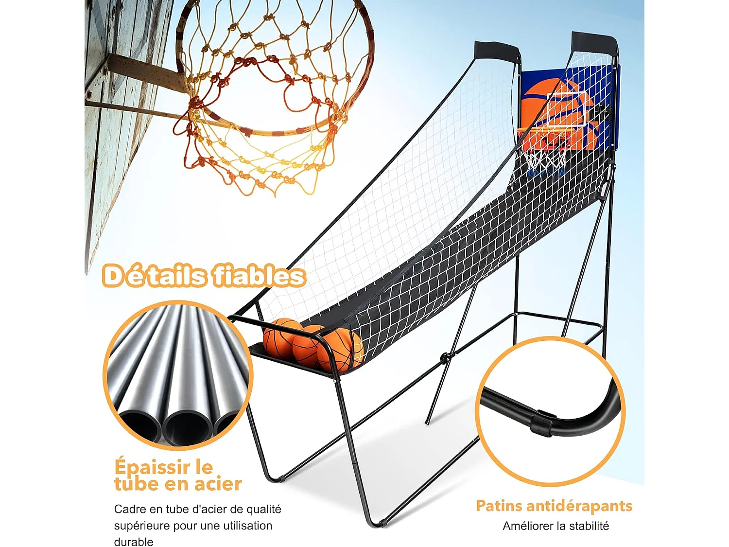 Jeu de Basketball Arcade, Jeu de Basketball Pliable avec Compteur Électronique et Buzzer, 3 Ballons de Basket, 1 Pompe